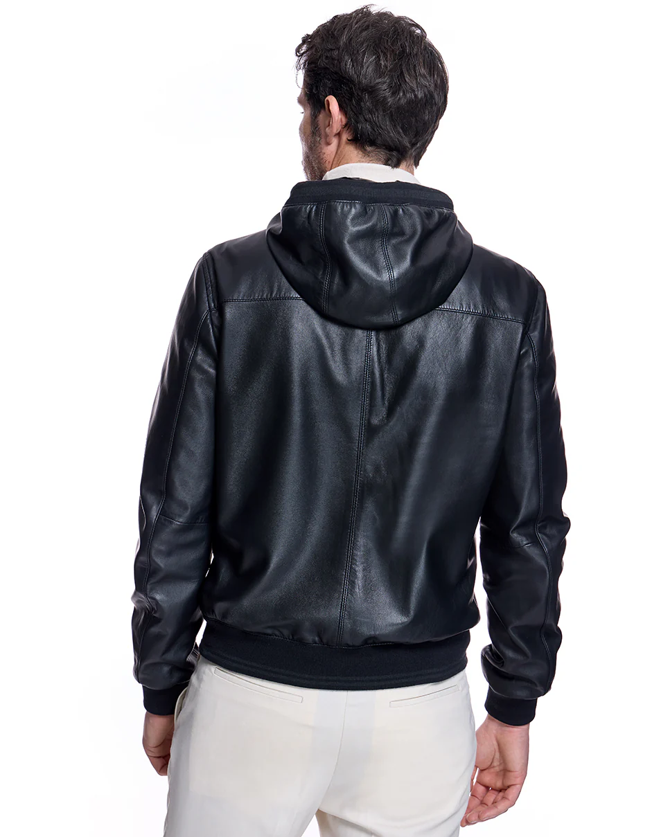 Men's Slim Fit Leather Hooded Jacket - Image 3