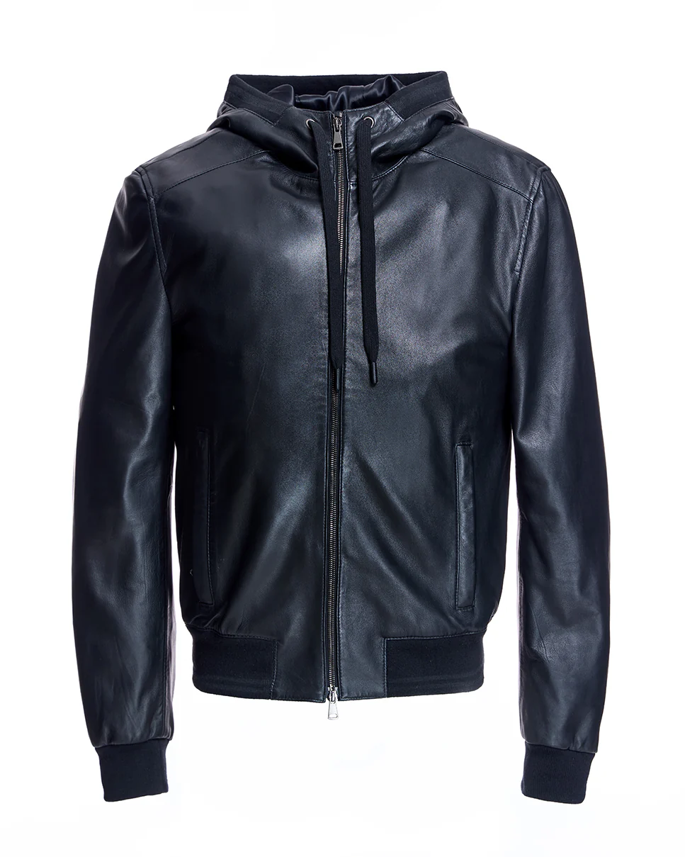 Men's Slim Fit Leather Hooded Jacket - Image 4