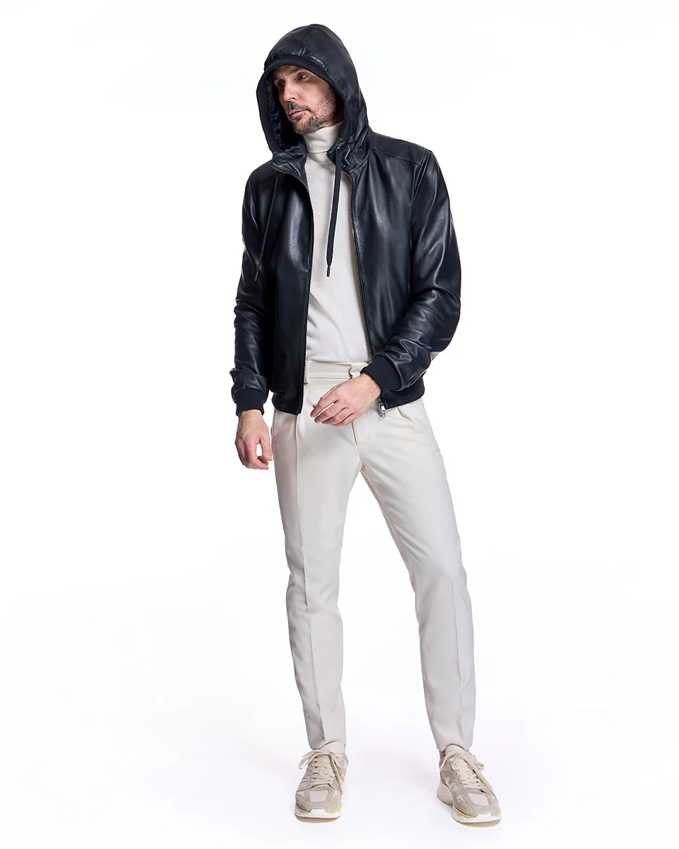 Men's Slim Fit Leather Hooded Jacket - Image 5