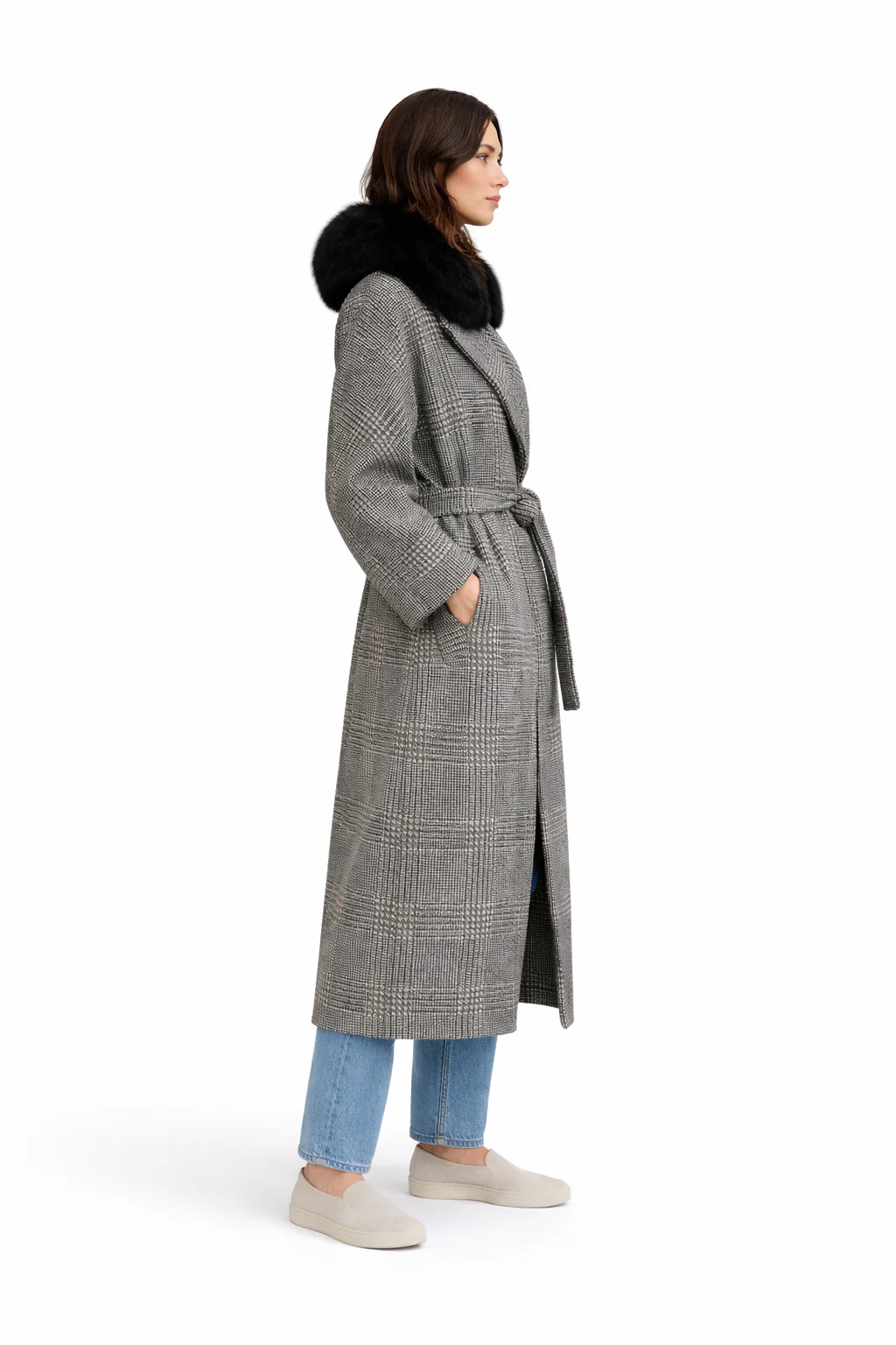 Black & White Houndstooth Wool Blend Coat w/ Fox Collar -47" - Image 3