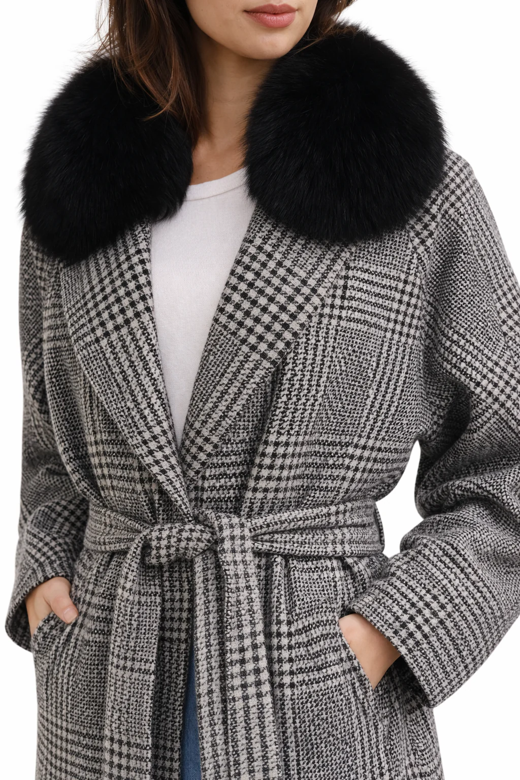 Black & White Houndstooth Wool Blend Coat w/ Fox Collar -47" - Image 4