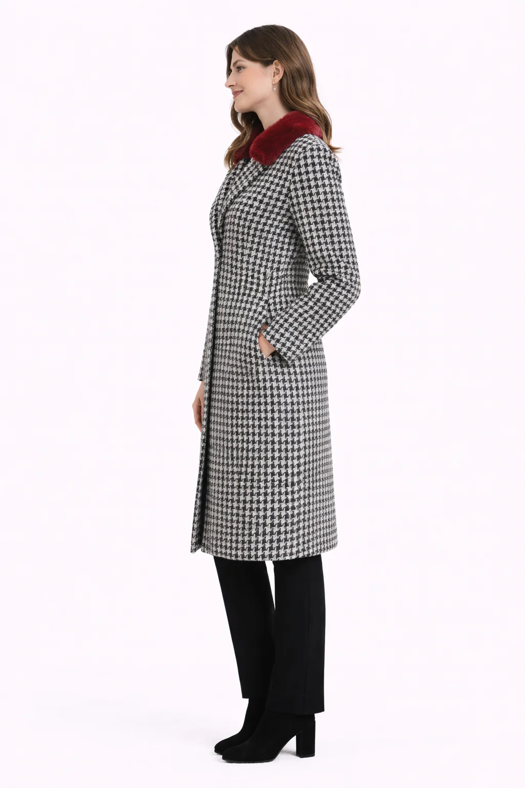 Black & White Houndstooth Wool Blend coat with Mink Trim-41" - Image 3
