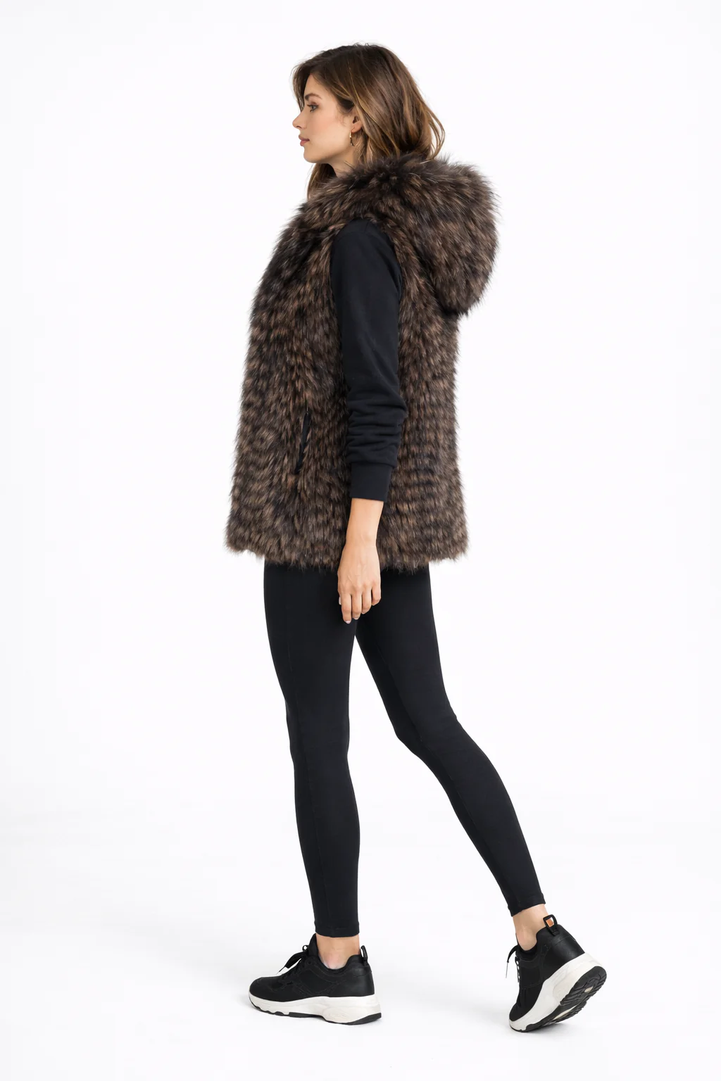 Maximilian 26" Brown Feathered Silver Fox Hooded Vest - Image 3