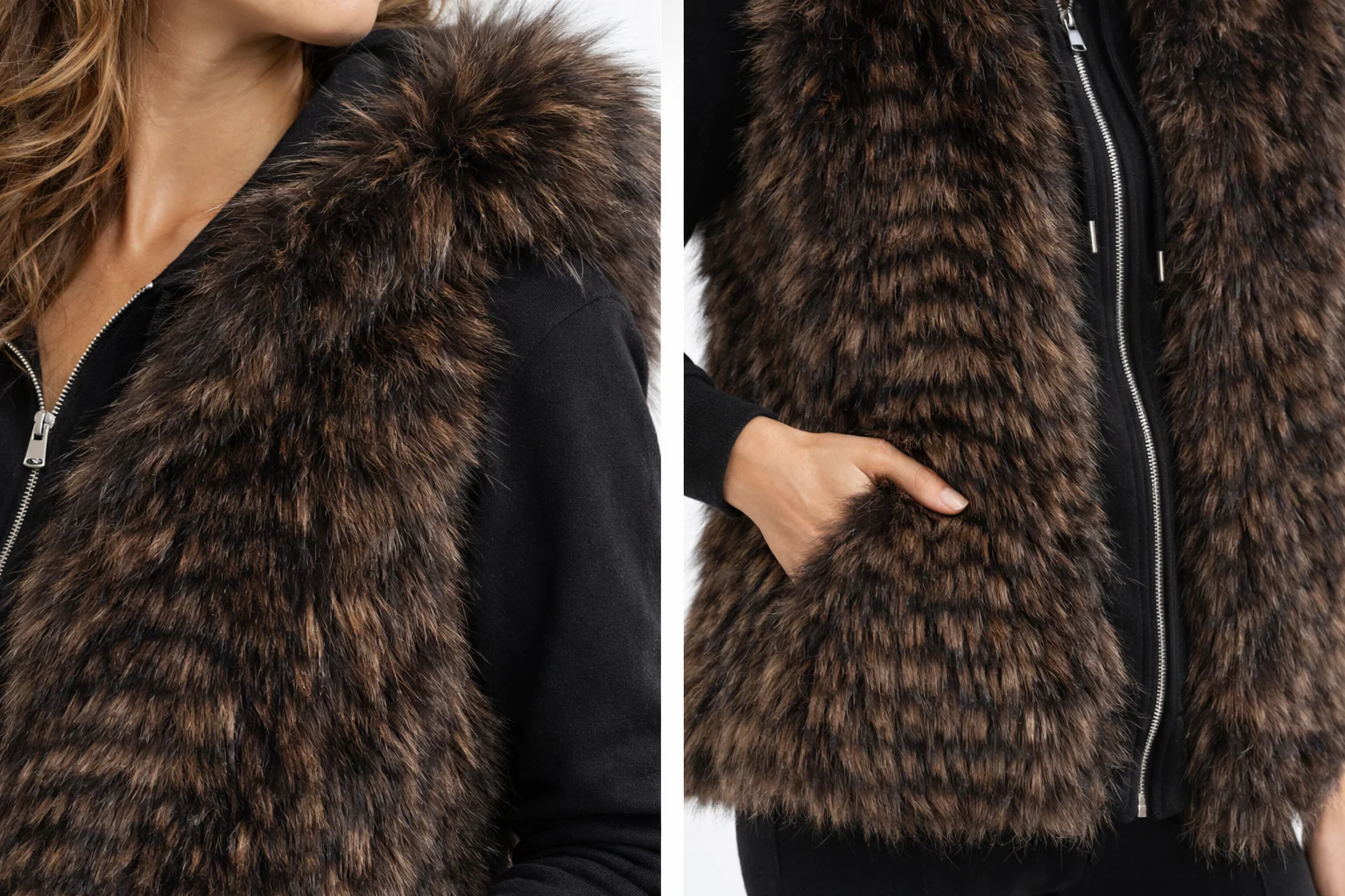 Maximilian 26" Brown Feathered Silver Fox Hooded Vest - Image 4