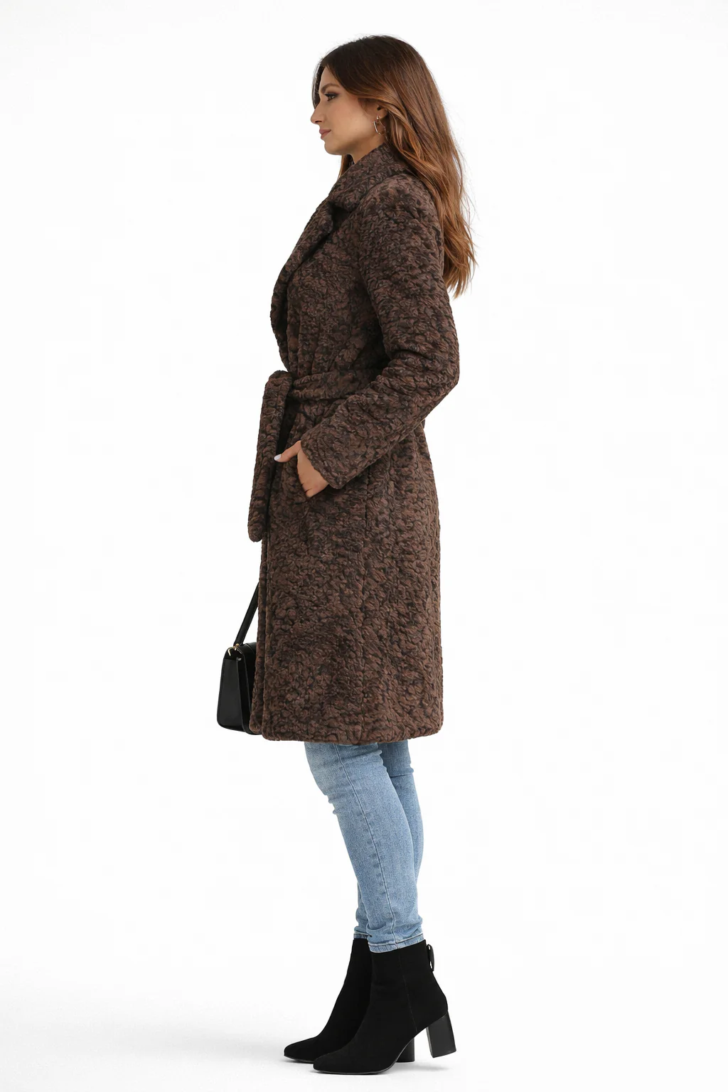 Cappuccino Dyed Lamb Belted Coat with Notch Collar - Image 3