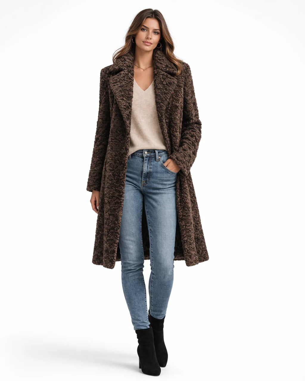 Cappuccino Dyed Lamb Belted Coat with Notch Collar - Image 4