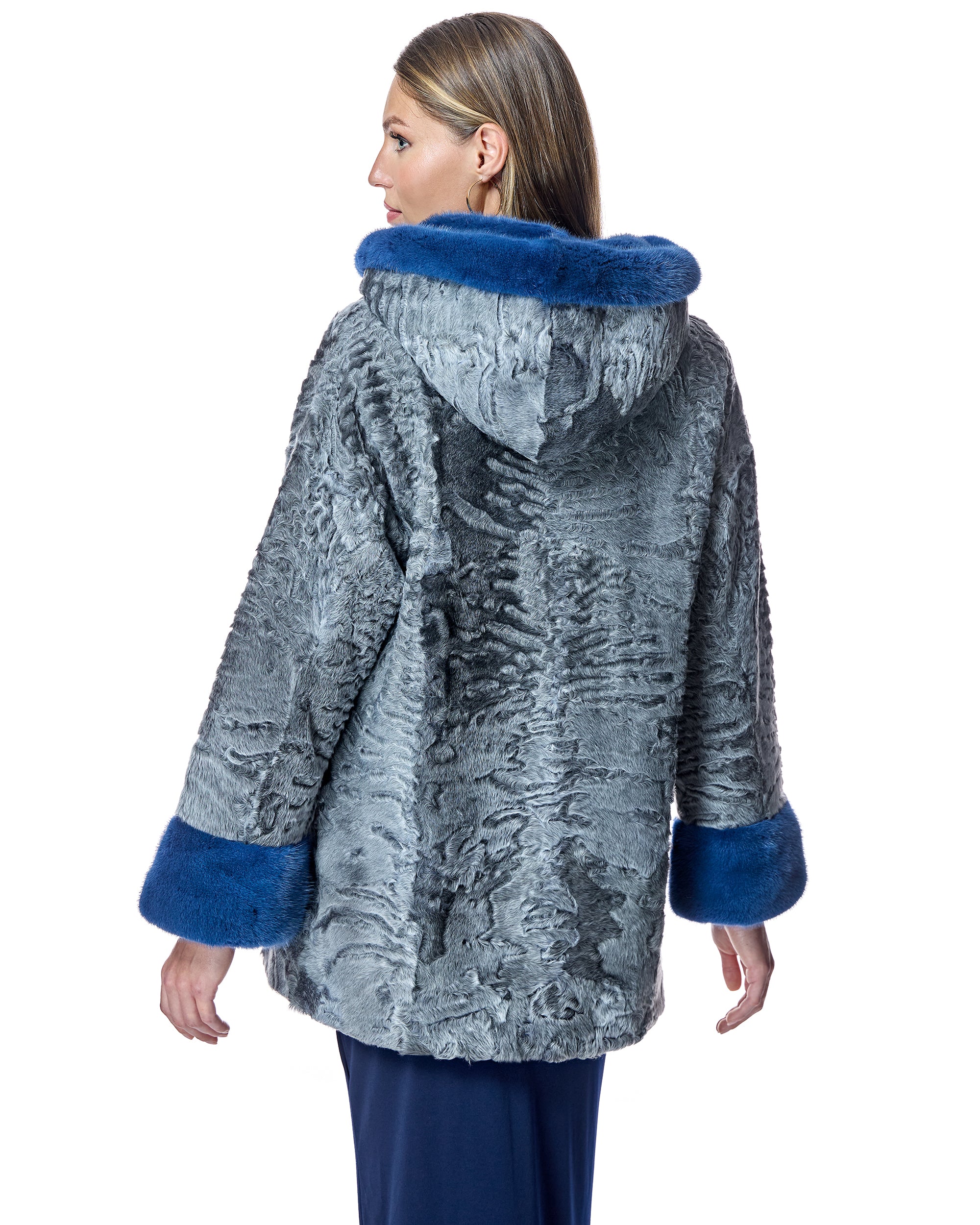 Hooded Swakara Lamb Jacket with Mink Trim Hood and Cuff - Image 3