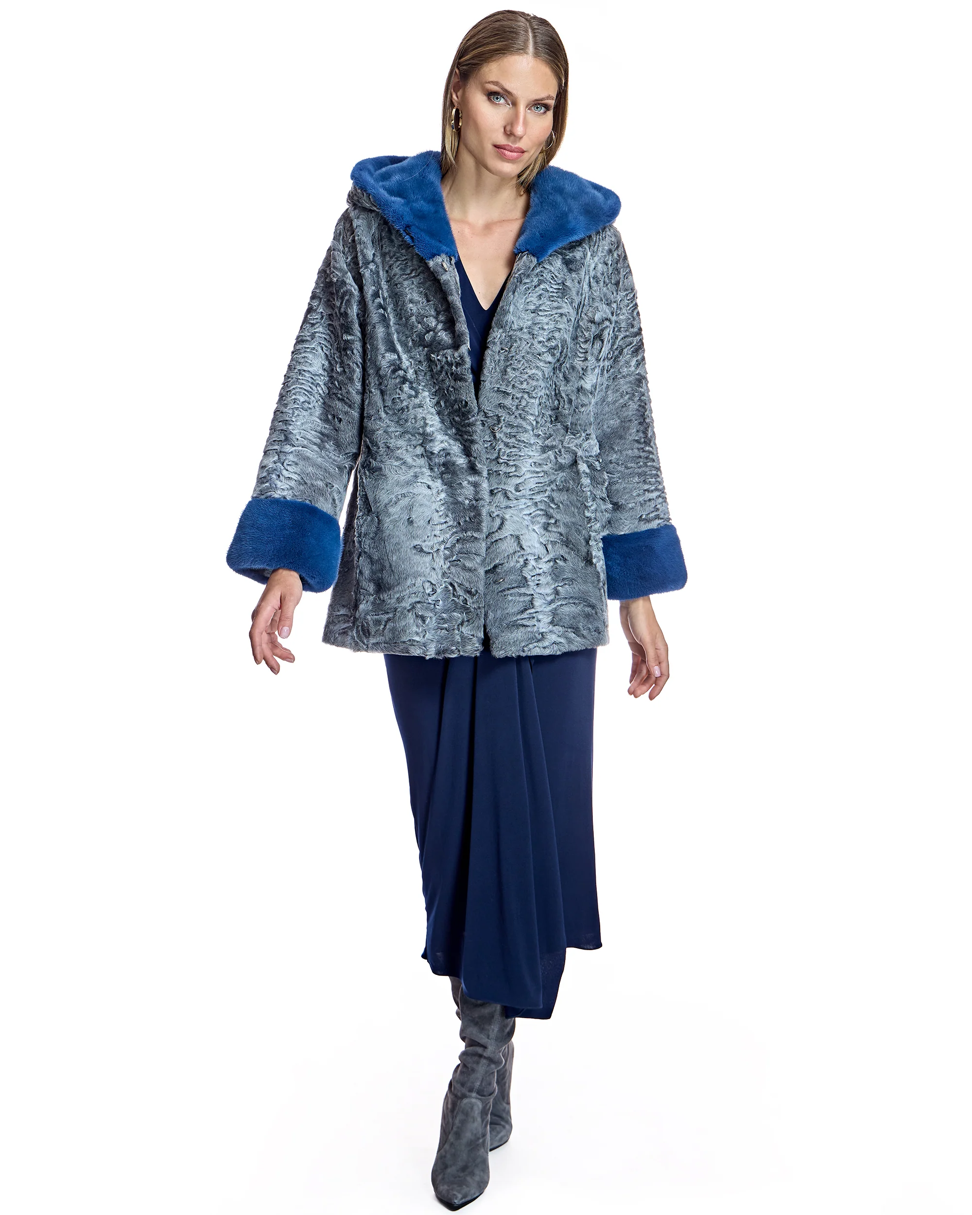 Hooded Swakara Lamb Jacket with Mink Trim Hood and Cuff - Image 4