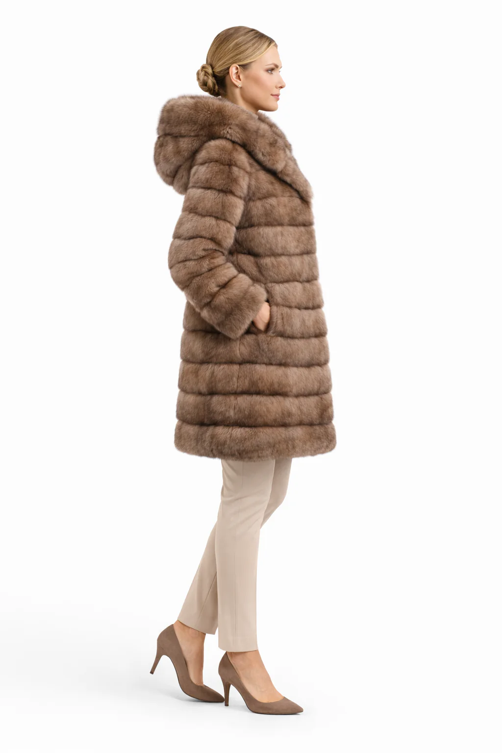 37" Tortora-Dyed Sable Coat with Double Fur Hood - Image 3