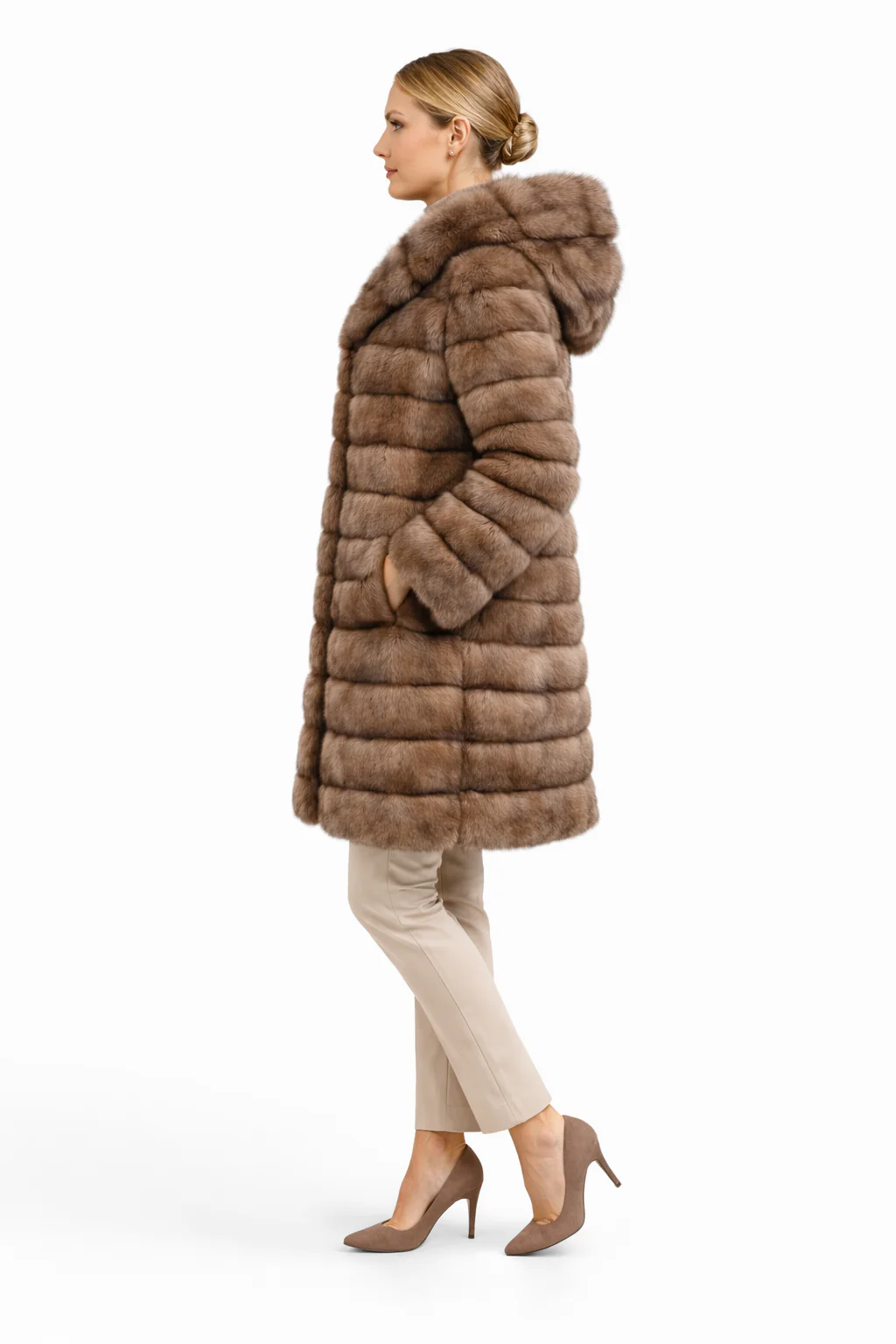 37" Tortora-Dyed Sable Coat with Double Fur Hood - Image 4