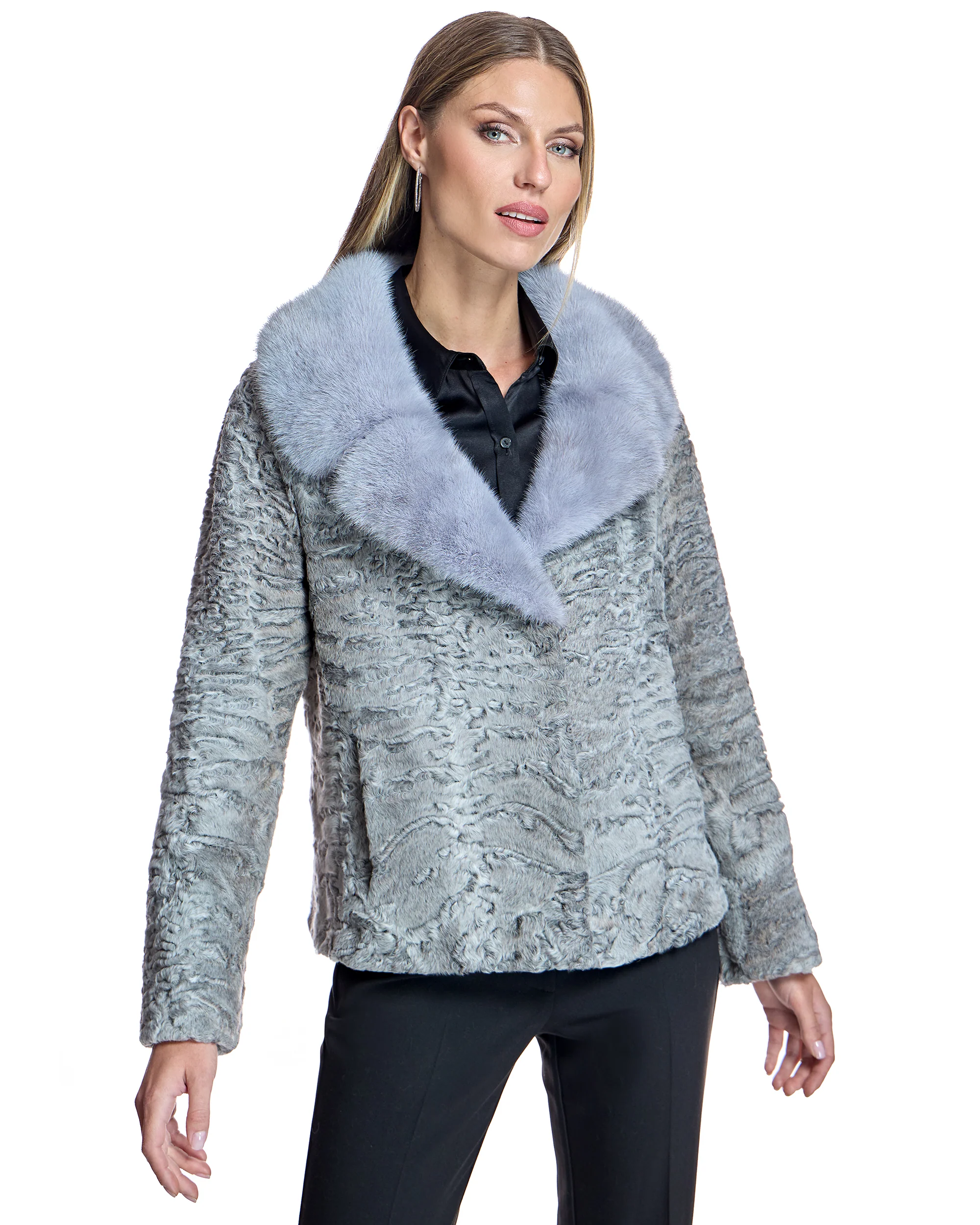 Swakara Lamb Jacket with Mink Notch Collar-Maximilian - Image 7