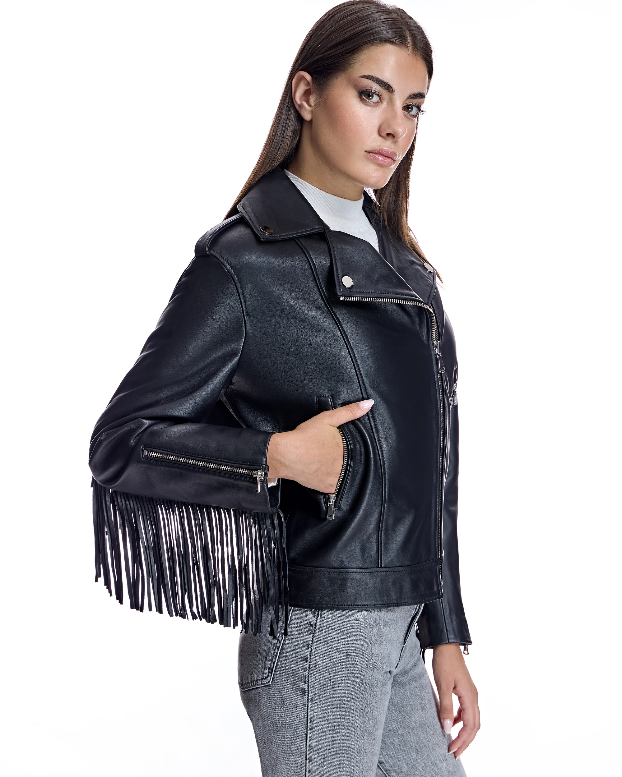 Julia & Stella by Maximilian Leather Moto Jacket with Fringes - Image 6