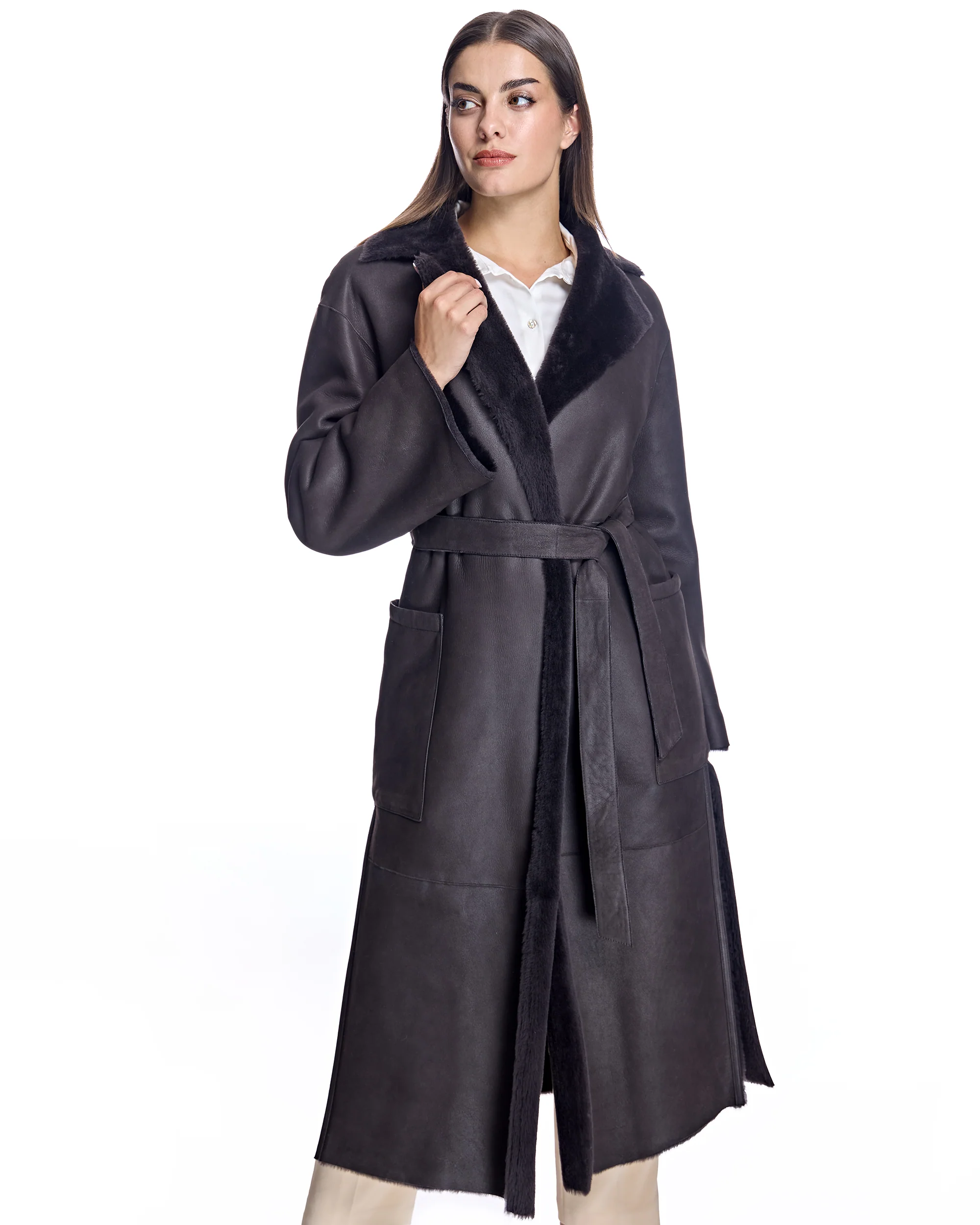Belted Shearling Lamb Coat - Image 14