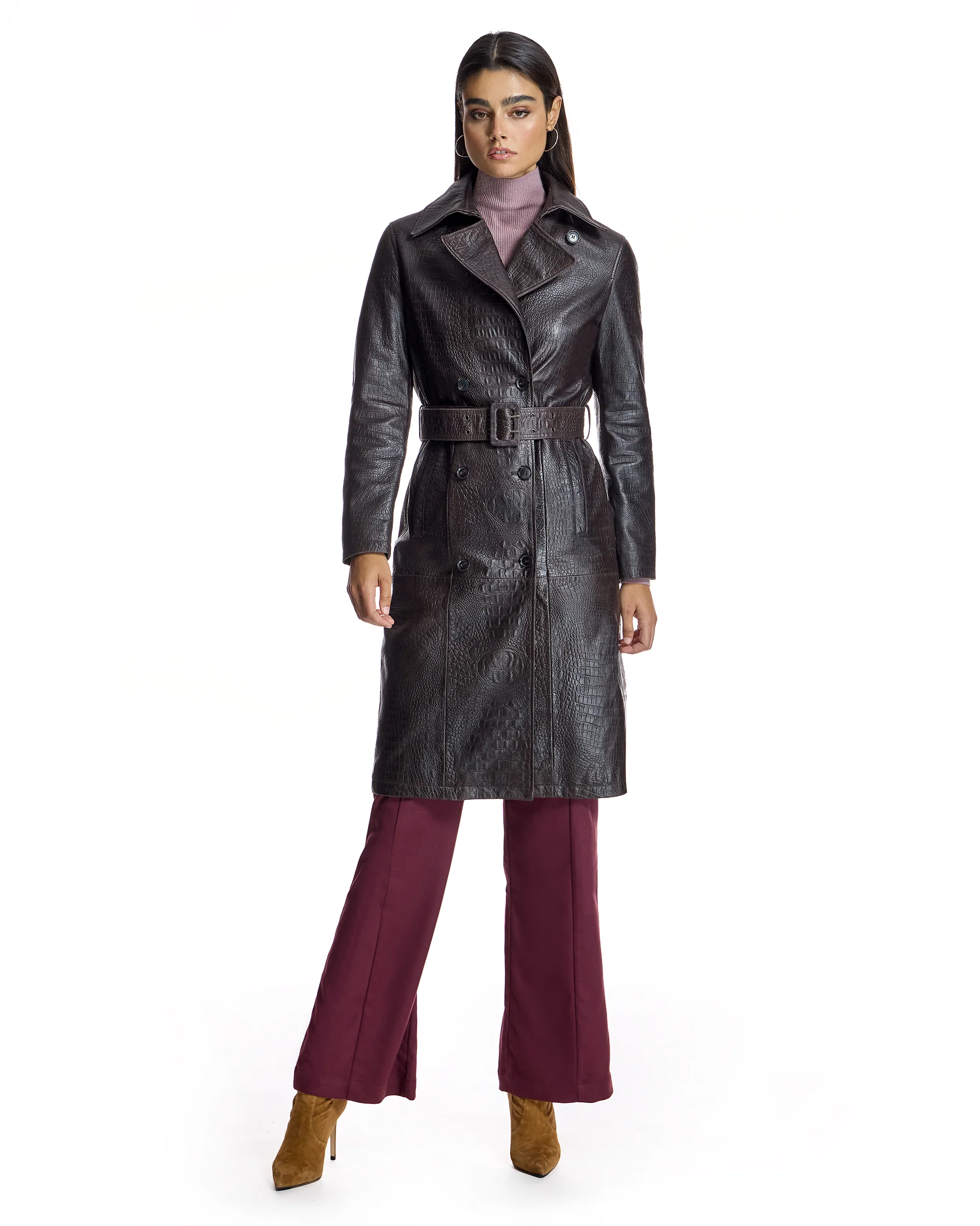 Maximilian Croc Stamped Leather Trench Coat- Maximilian - Image 4