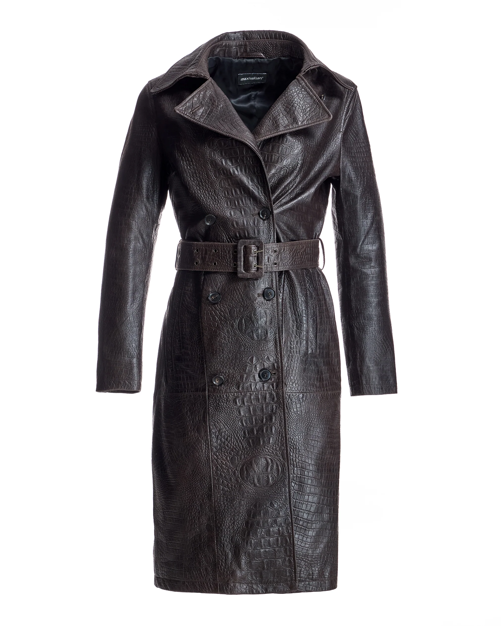 Maximilian Croc Stamped Leather Trench Coat- Maximilian - Image 5