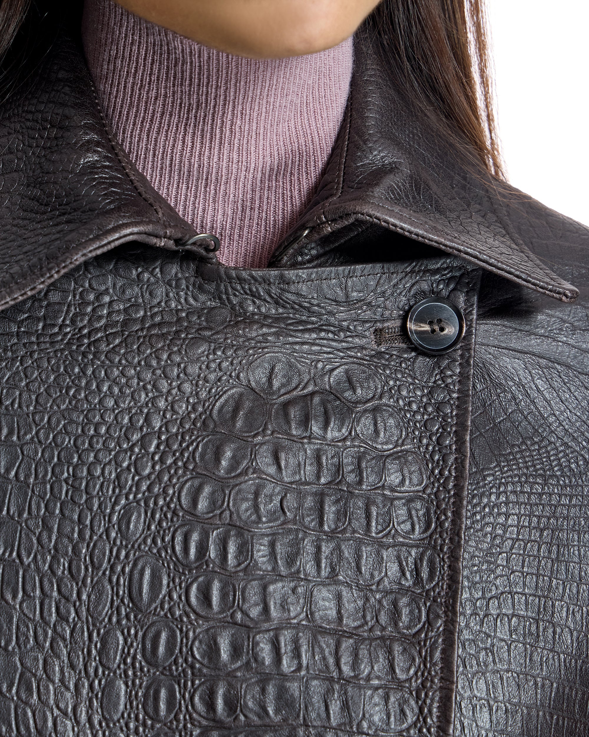 Maximilian Croc Stamped Leather Trench Coat- Maximilian - Image 6