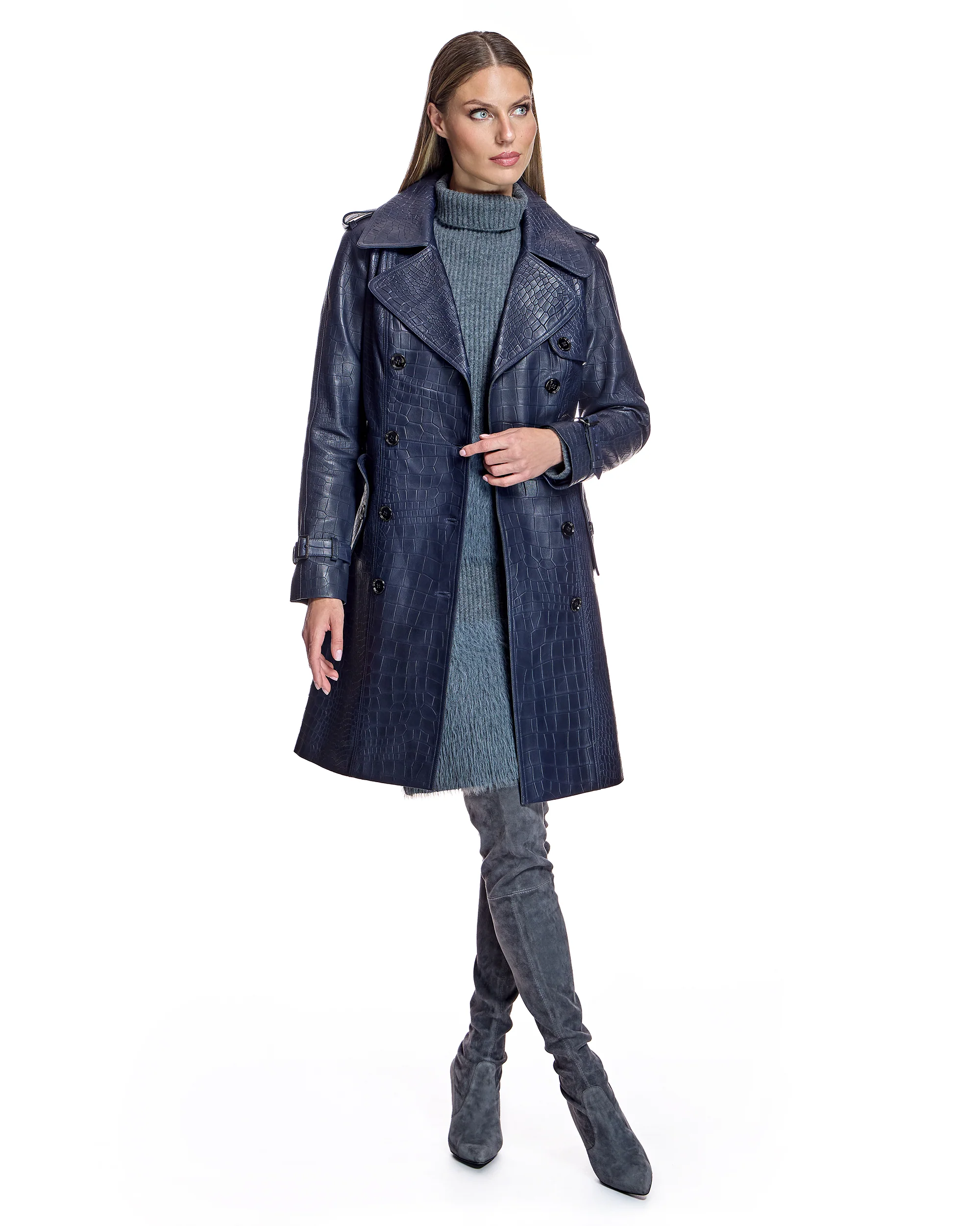 Croc Stamped Leather Trench Coat- Maximilian - Image 4