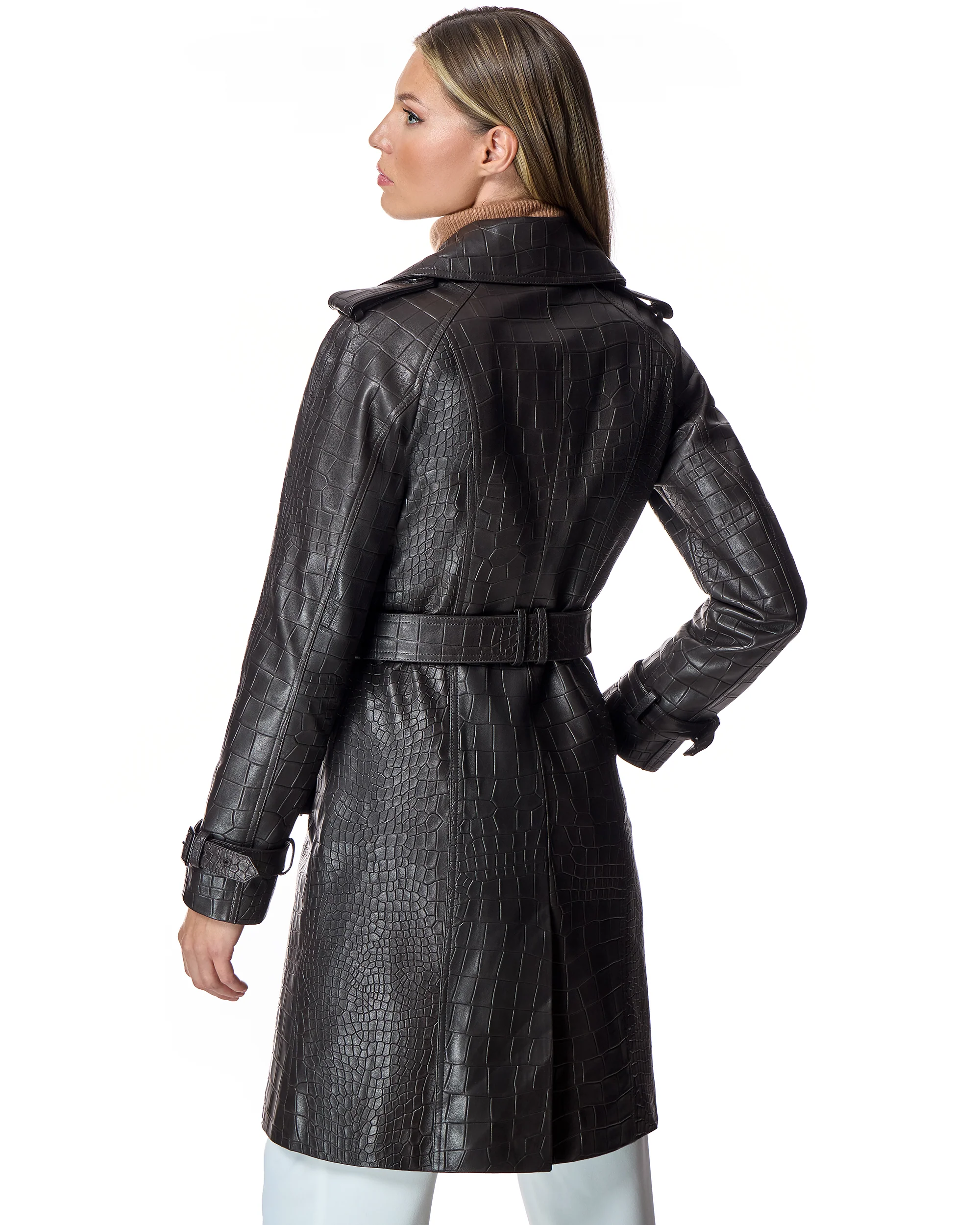 Croc Stamped Leather Trench Coat- Maximilian - Image 9