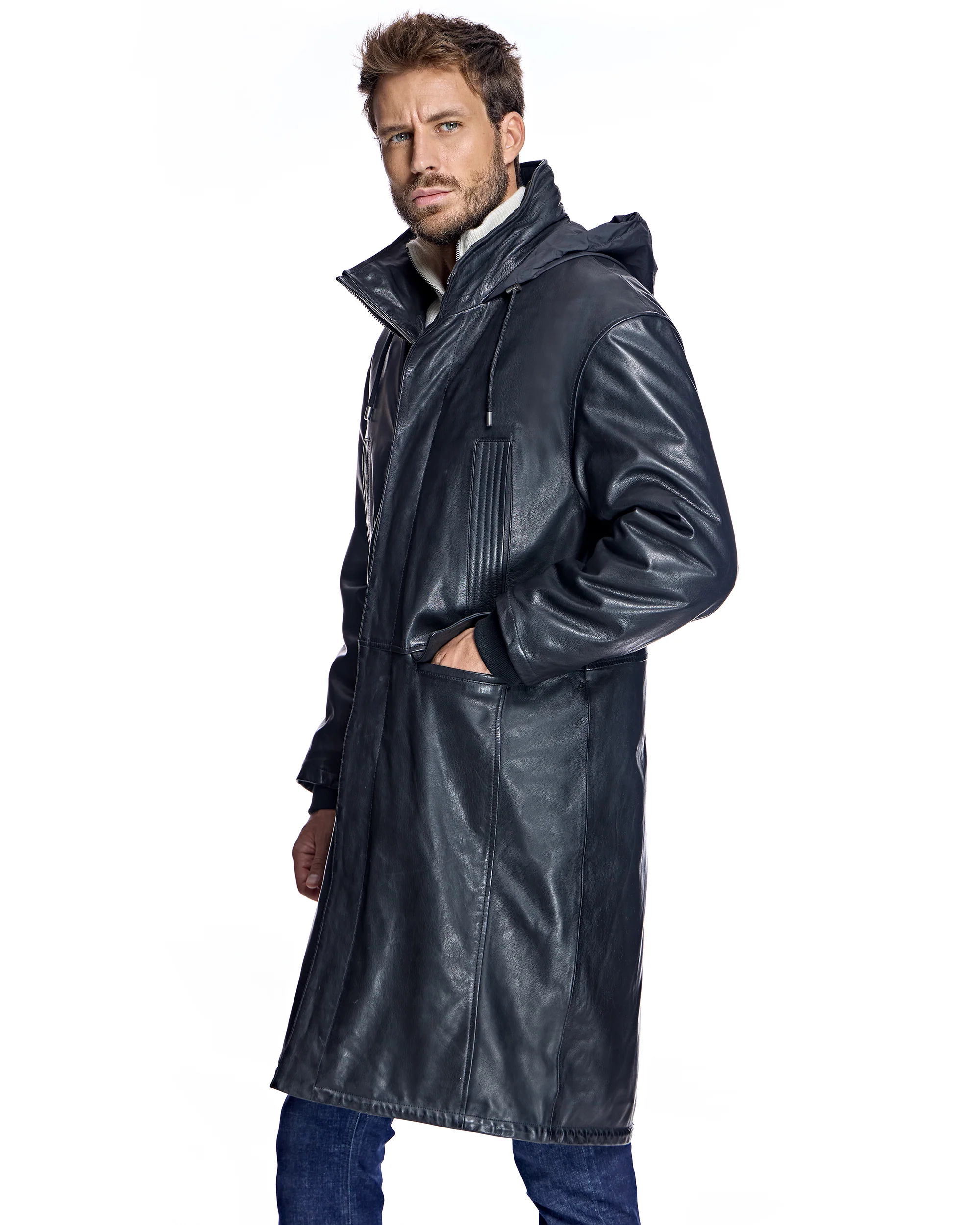 Men's Hooded Leather Coat - Image 5