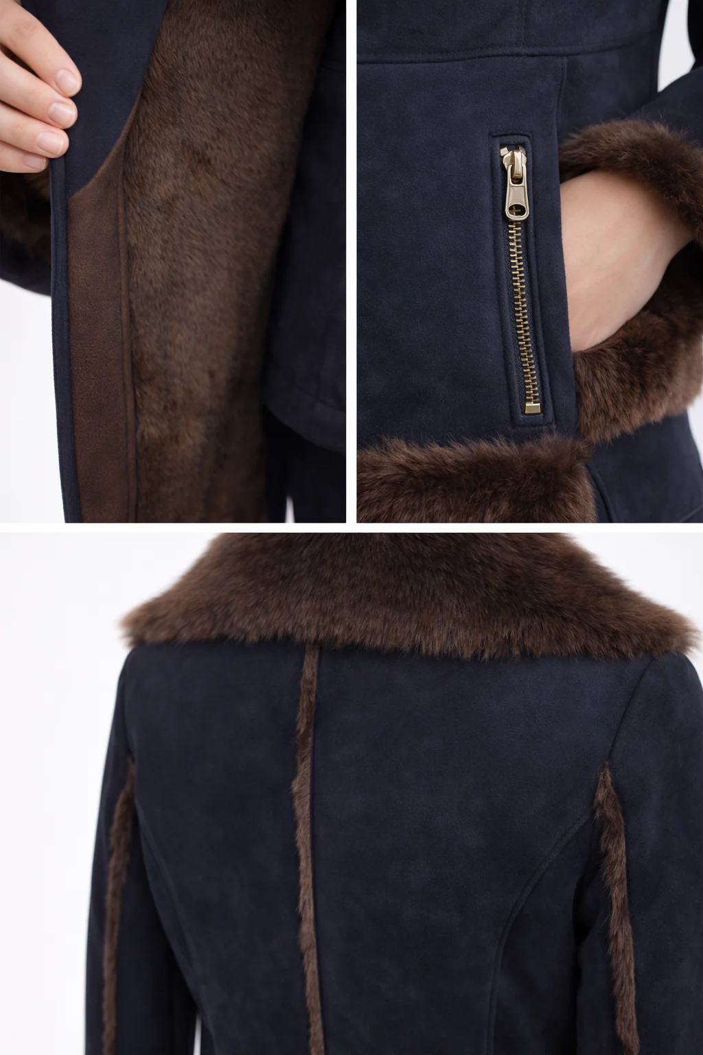 Navy Shearling Lamb Moto Jacket with Brown Toscana Trim- 19" - Image 3