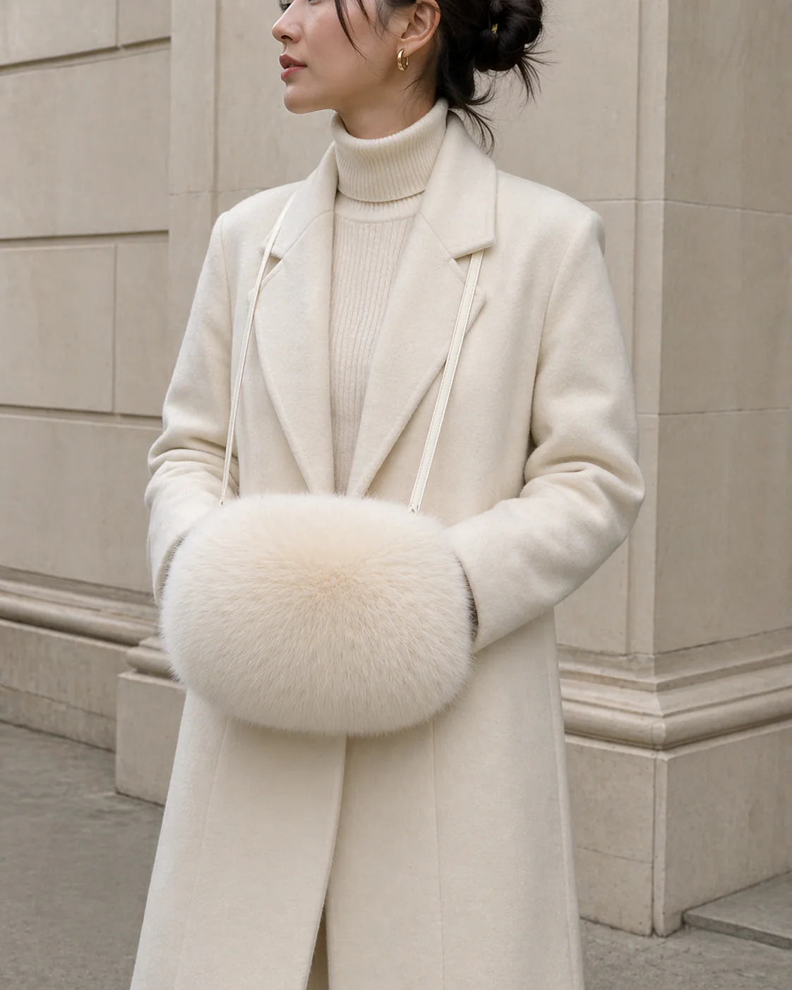 Off White Bleached Fox Muff Bag with Leather Strap - Image 4
