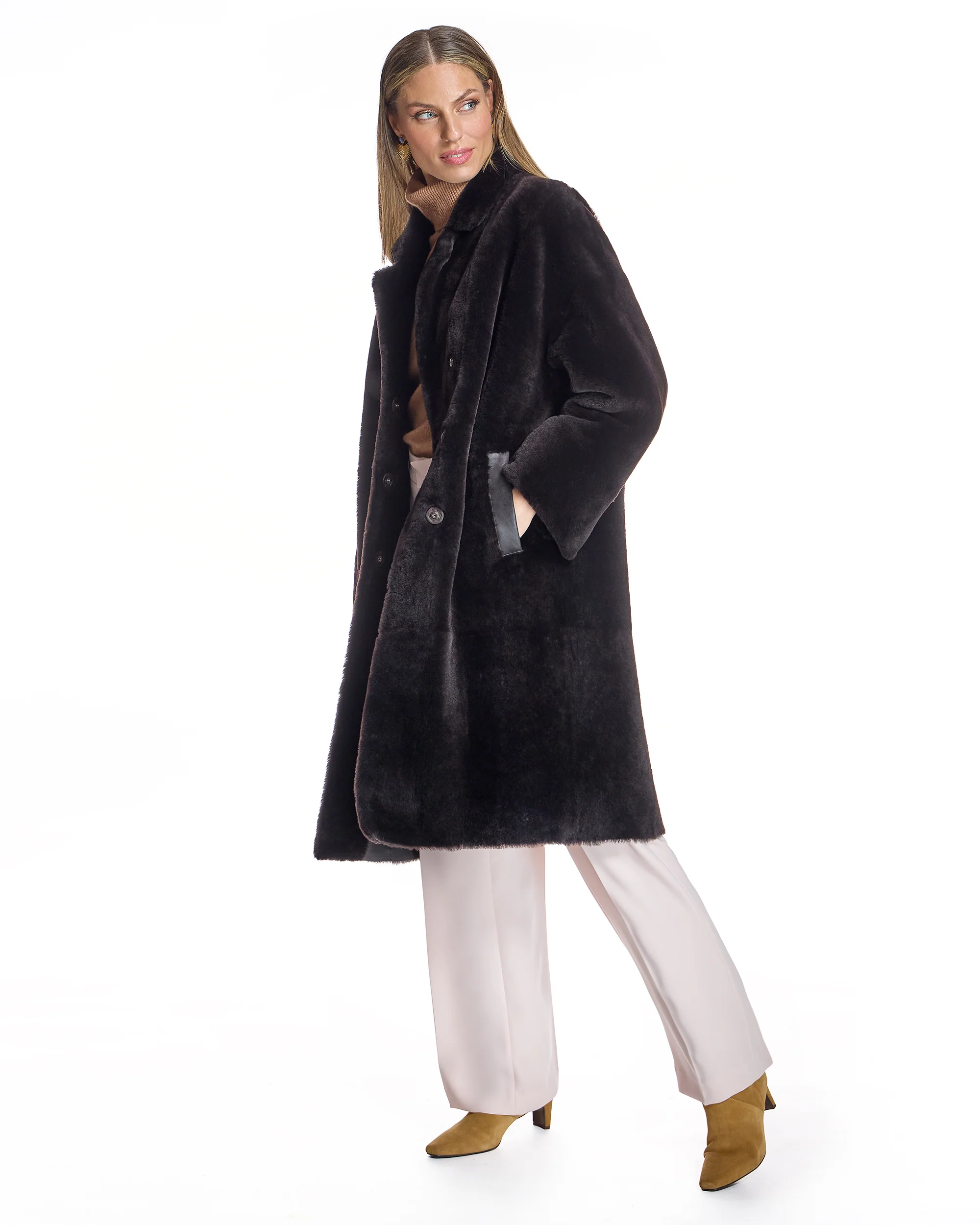 42" Dark Brown dyed Shearling Coat with Notch Collar -Maximilian - Image 4