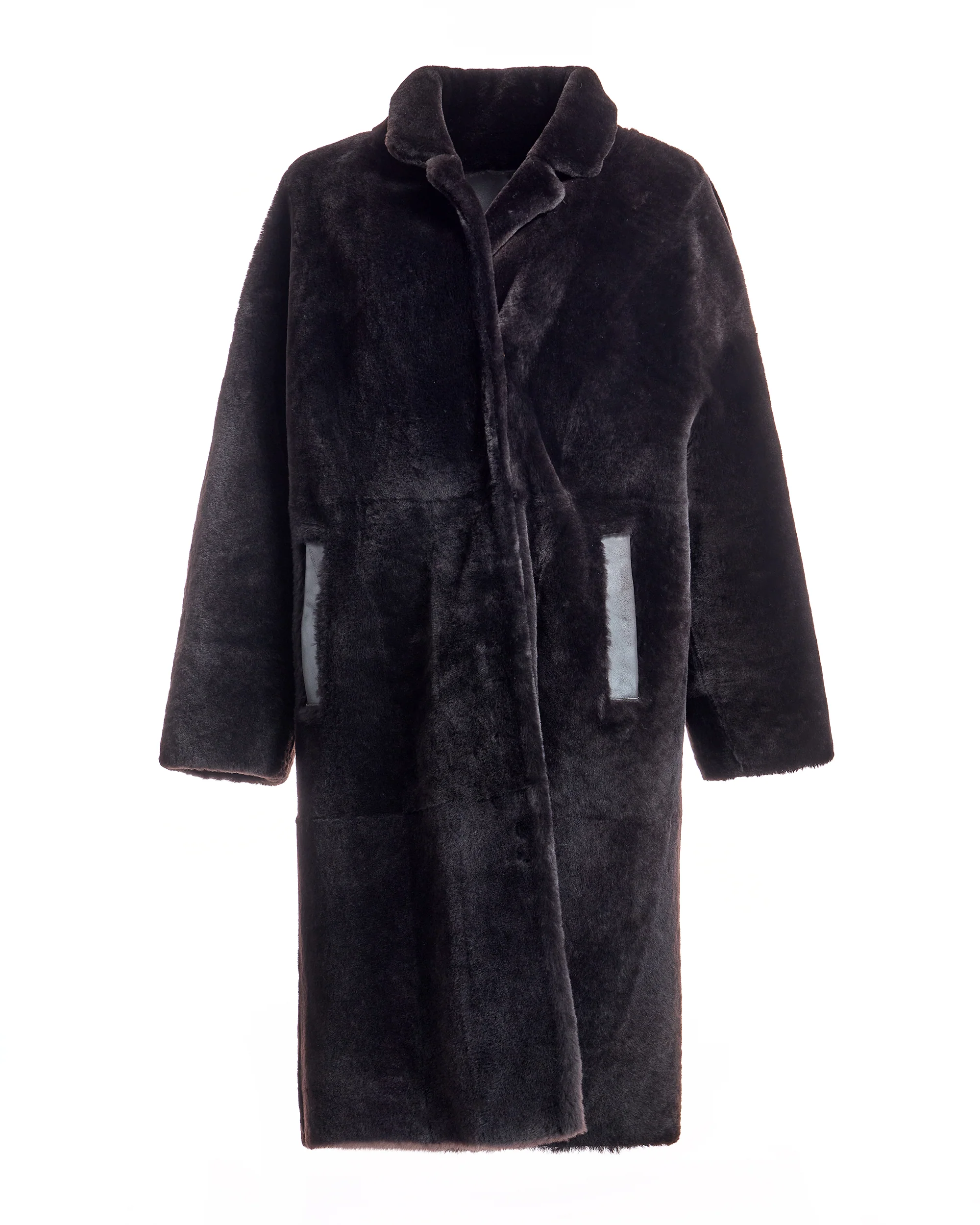 42" Dark Brown dyed Shearling Coat with Notch Collar -Maximilian - Image 5