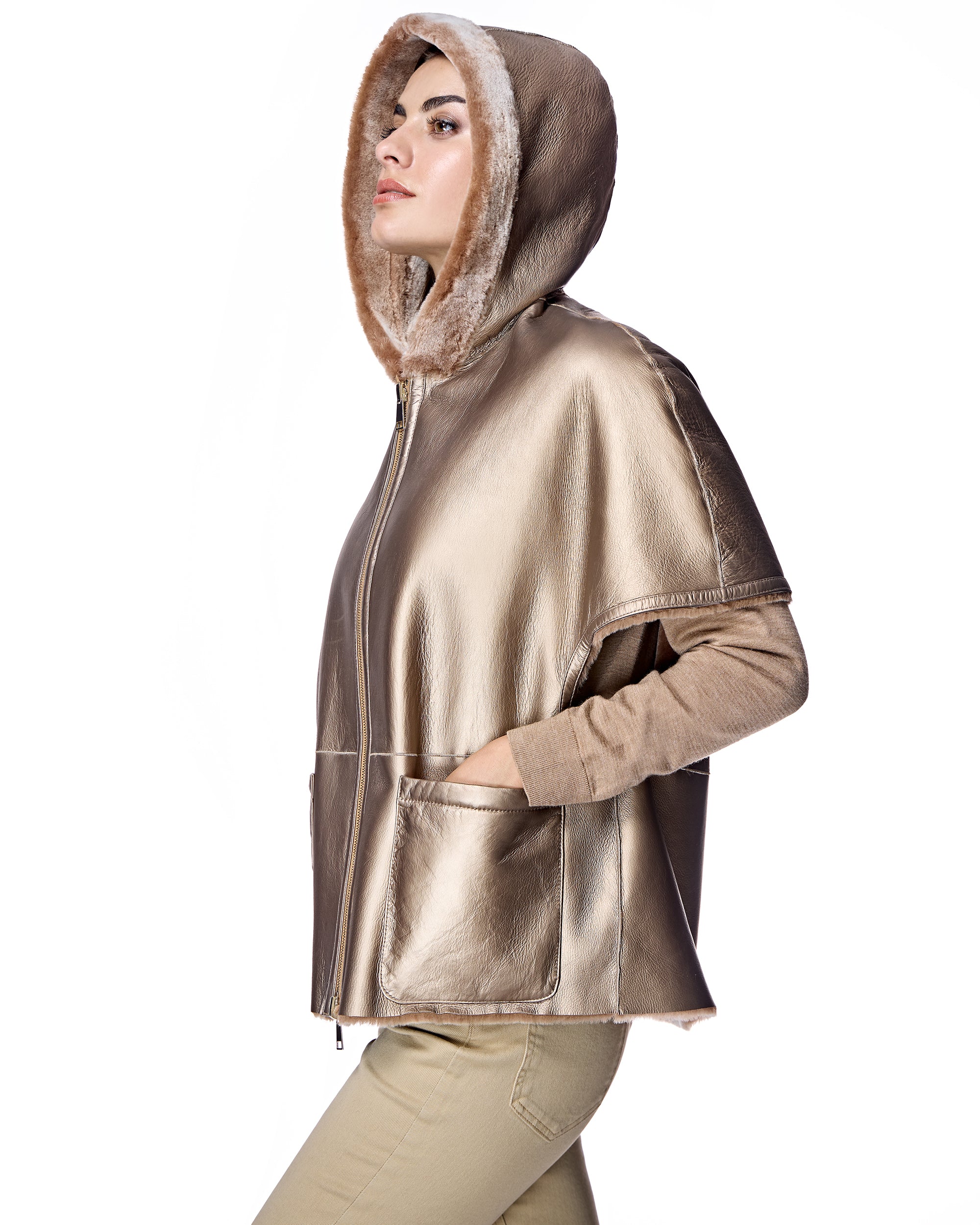 Reversible Short Sleeve Shearling Lamb Hooded Cape - Image 3