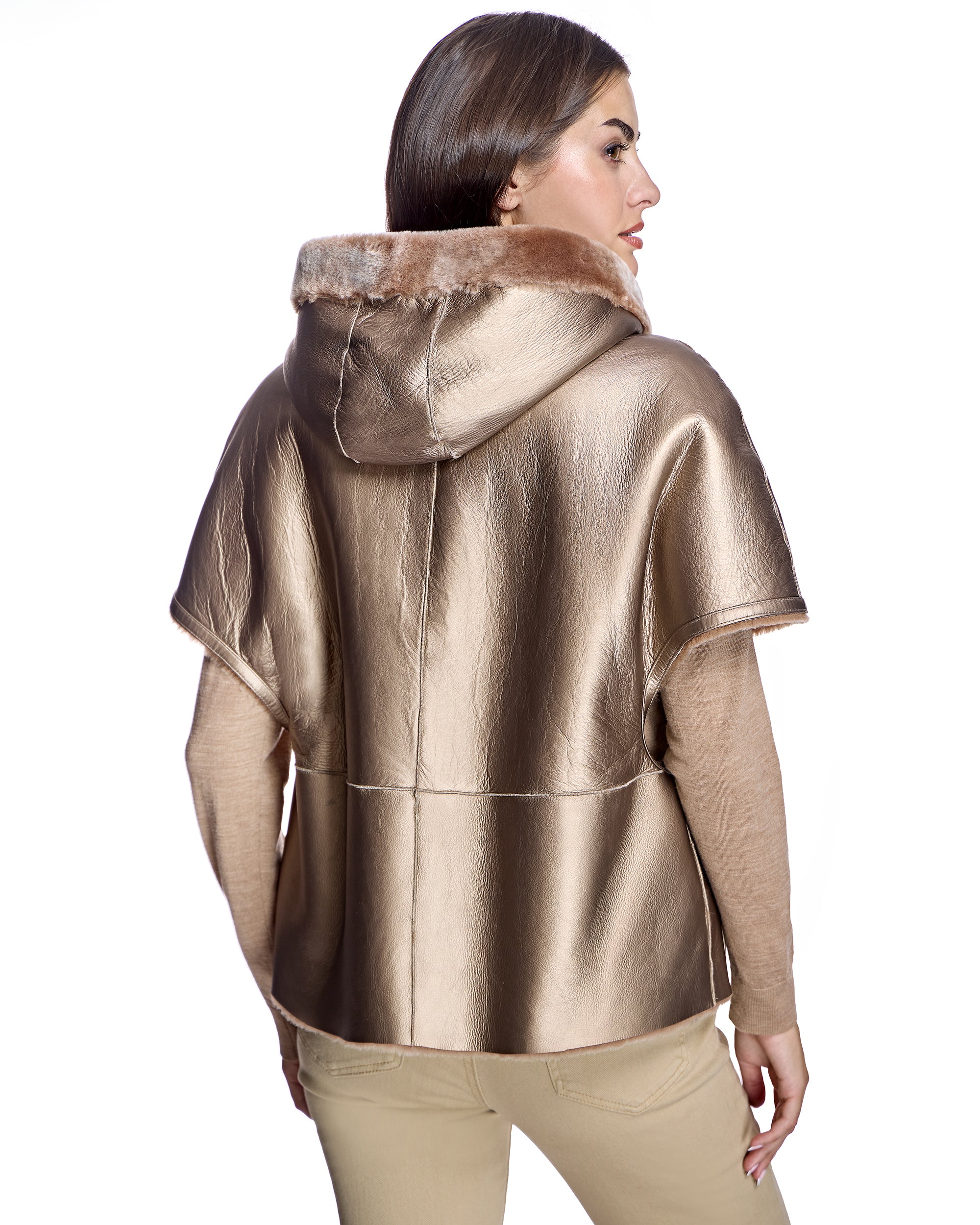 Reversible Short Sleeve Shearling Lamb Hooded Cape - Image 4
