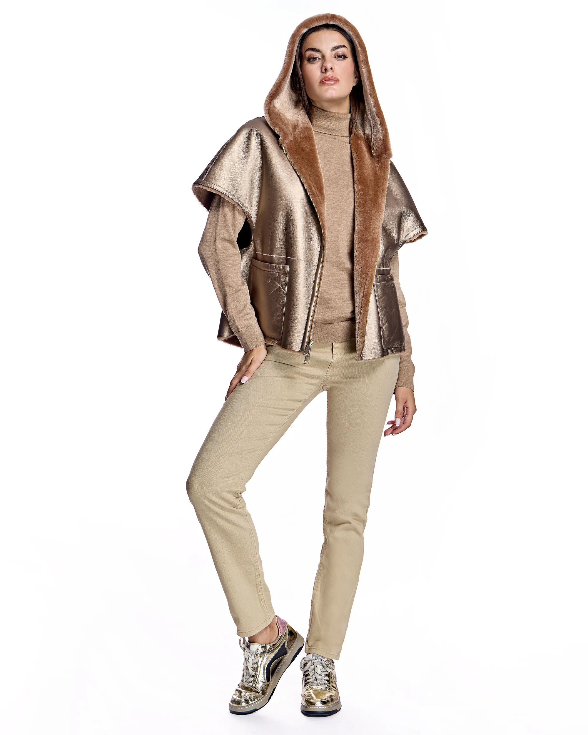 Reversible Short Sleeve Shearling Lamb Hooded Cape - Image 5