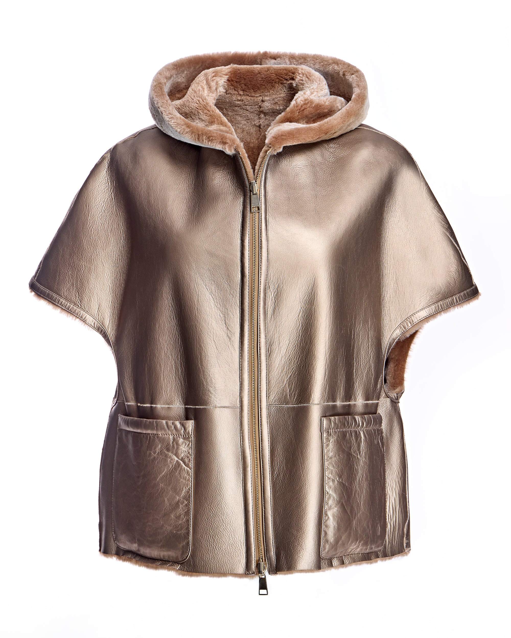 Reversible Short Sleeve Shearling Lamb Hooded Cape - Image 6