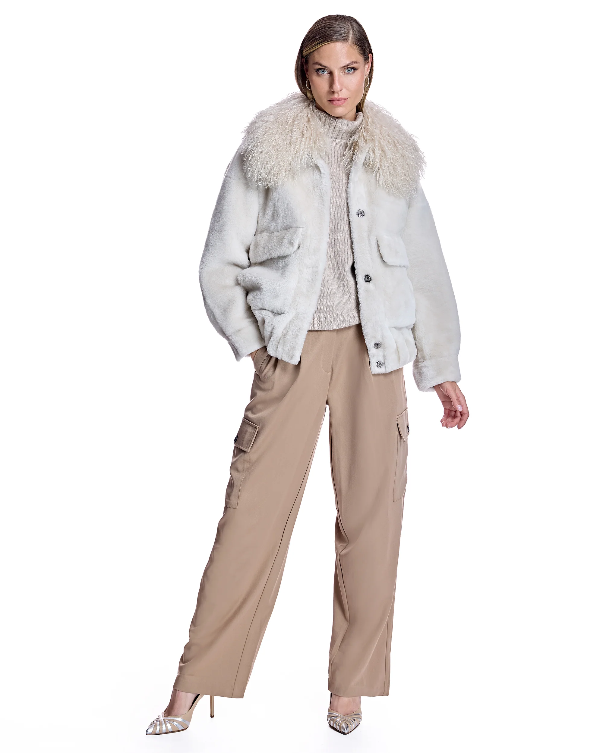 Julia & Stella by Maximilian Shearling Lamb Bomber Jacket with Dyed Mongolian Lamb Collar - Image 3