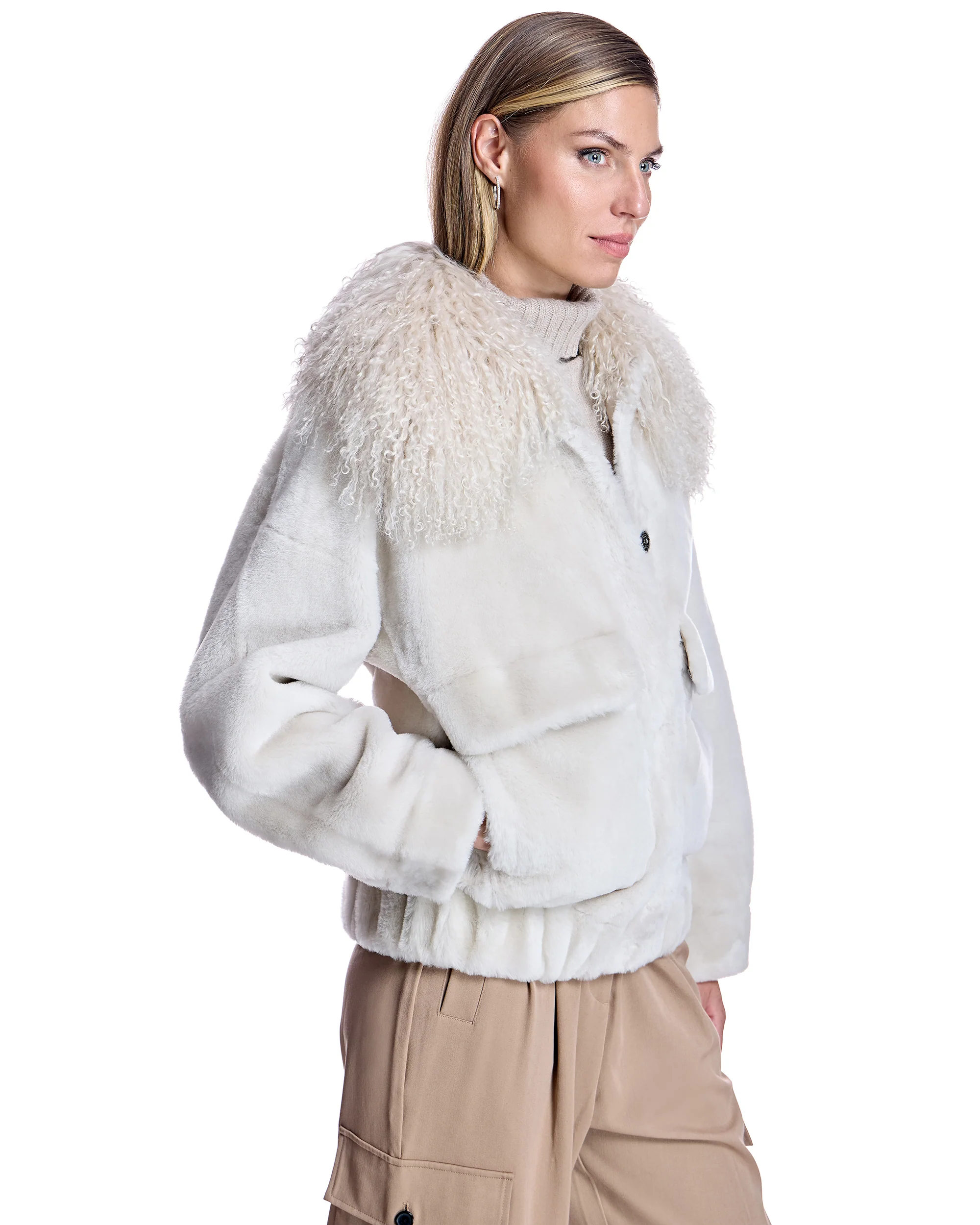 Julia & Stella by Maximilian Shearling Lamb Bomber Jacket with Dyed Mongolian Lamb Collar - Image 6
