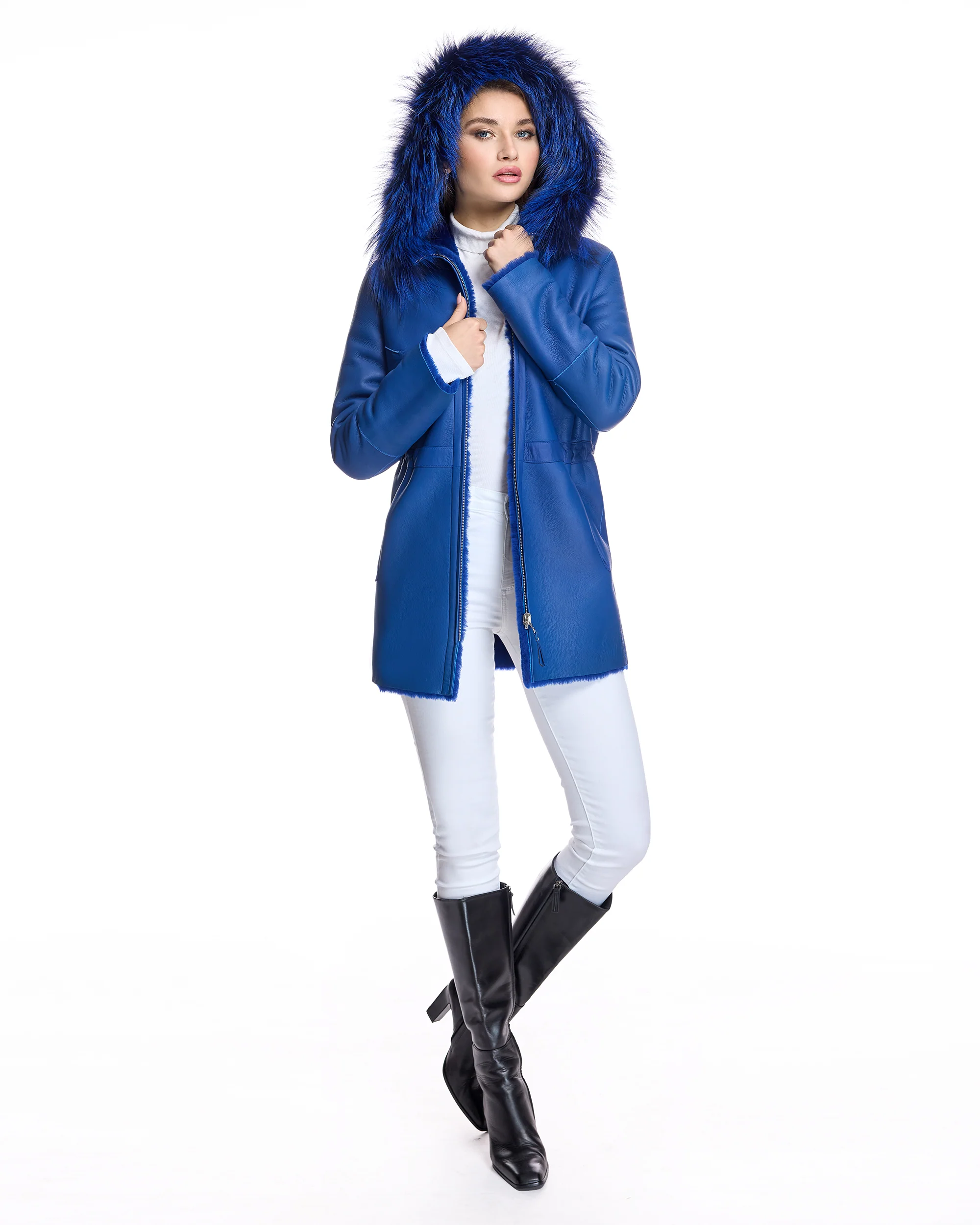 Shearling Lamb Jacket Reversible with Fox Trimmed Hood - Image 4