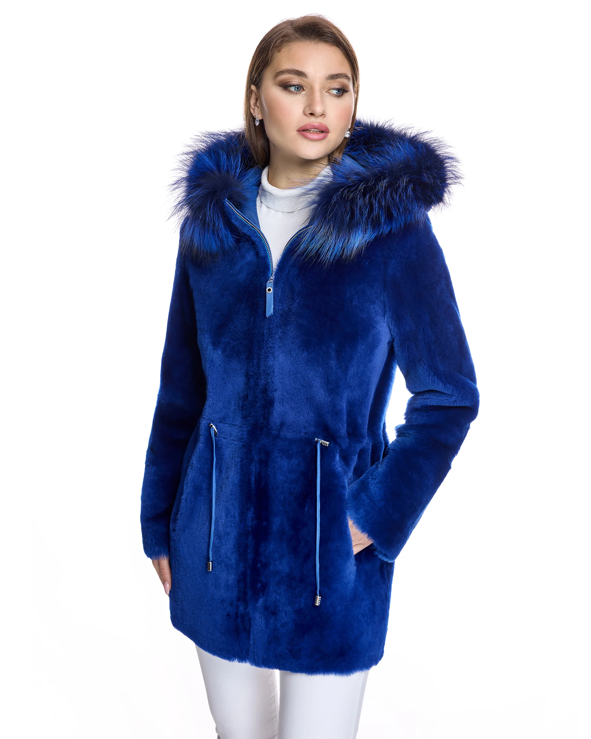 Shearling Lamb Jacket Reversible with Fox Trimmed Hood - Image 7