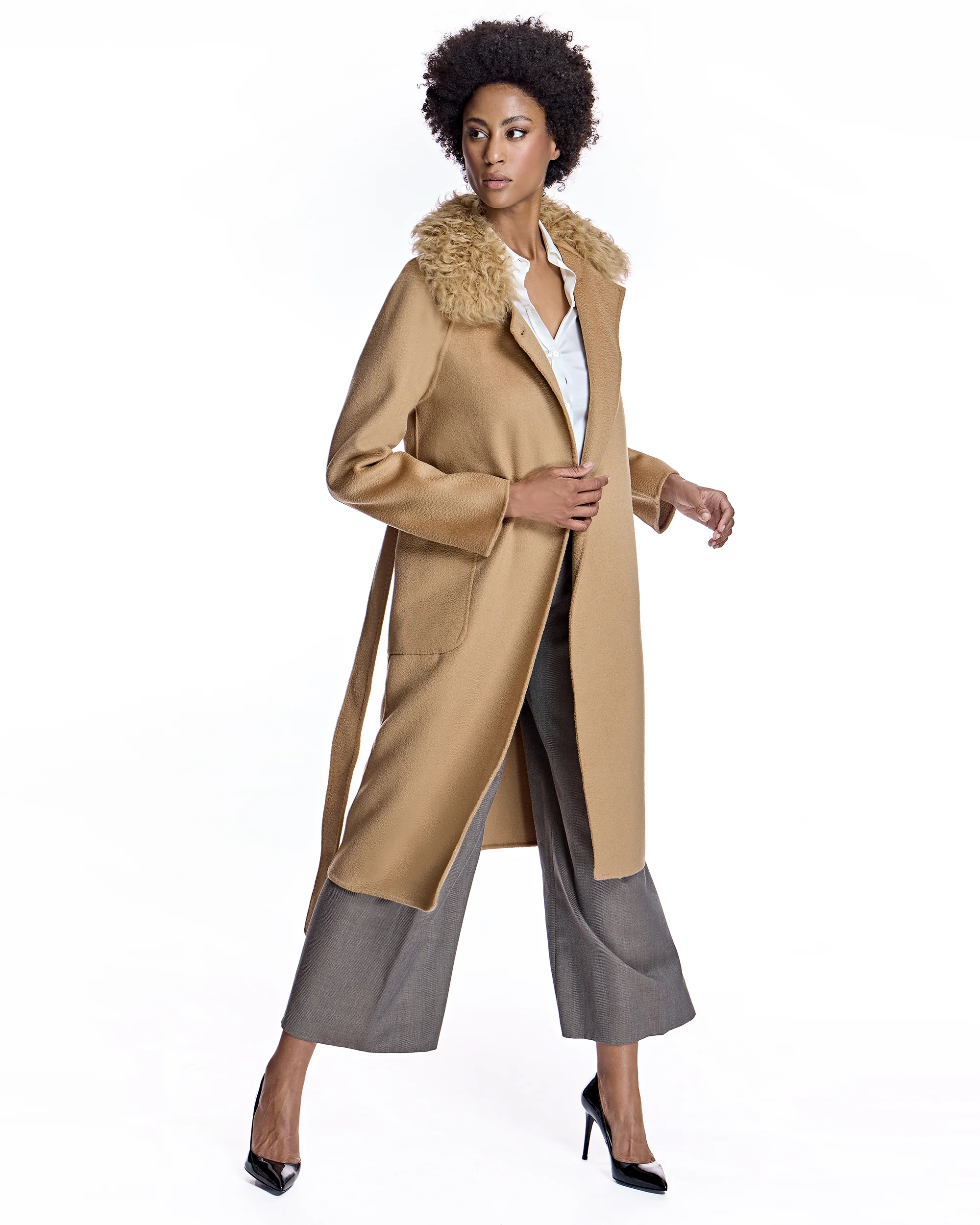 Wool Short Coat with Shearling Collar - Image 3