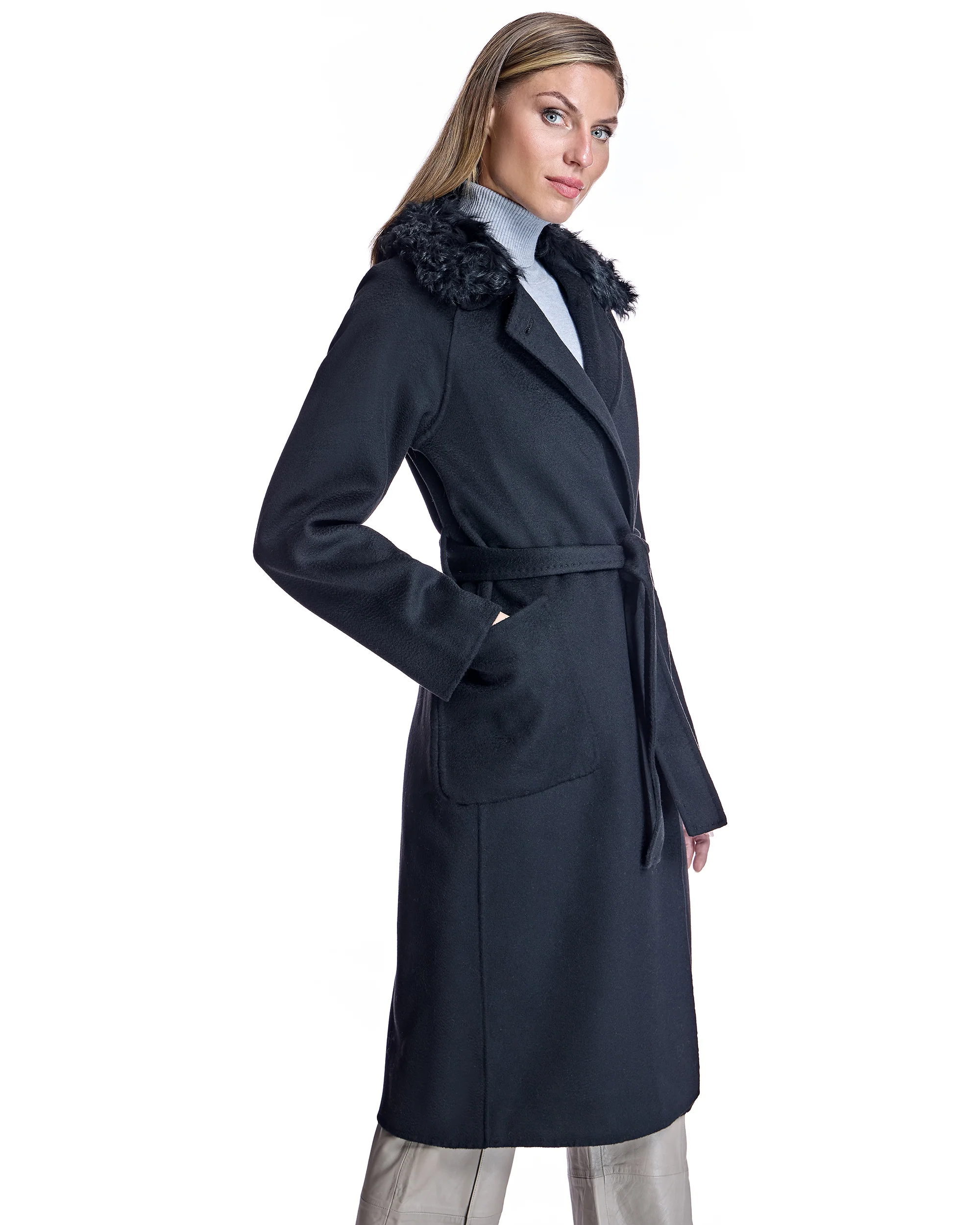 Wool Short Coat with Shearling Collar - Image 6