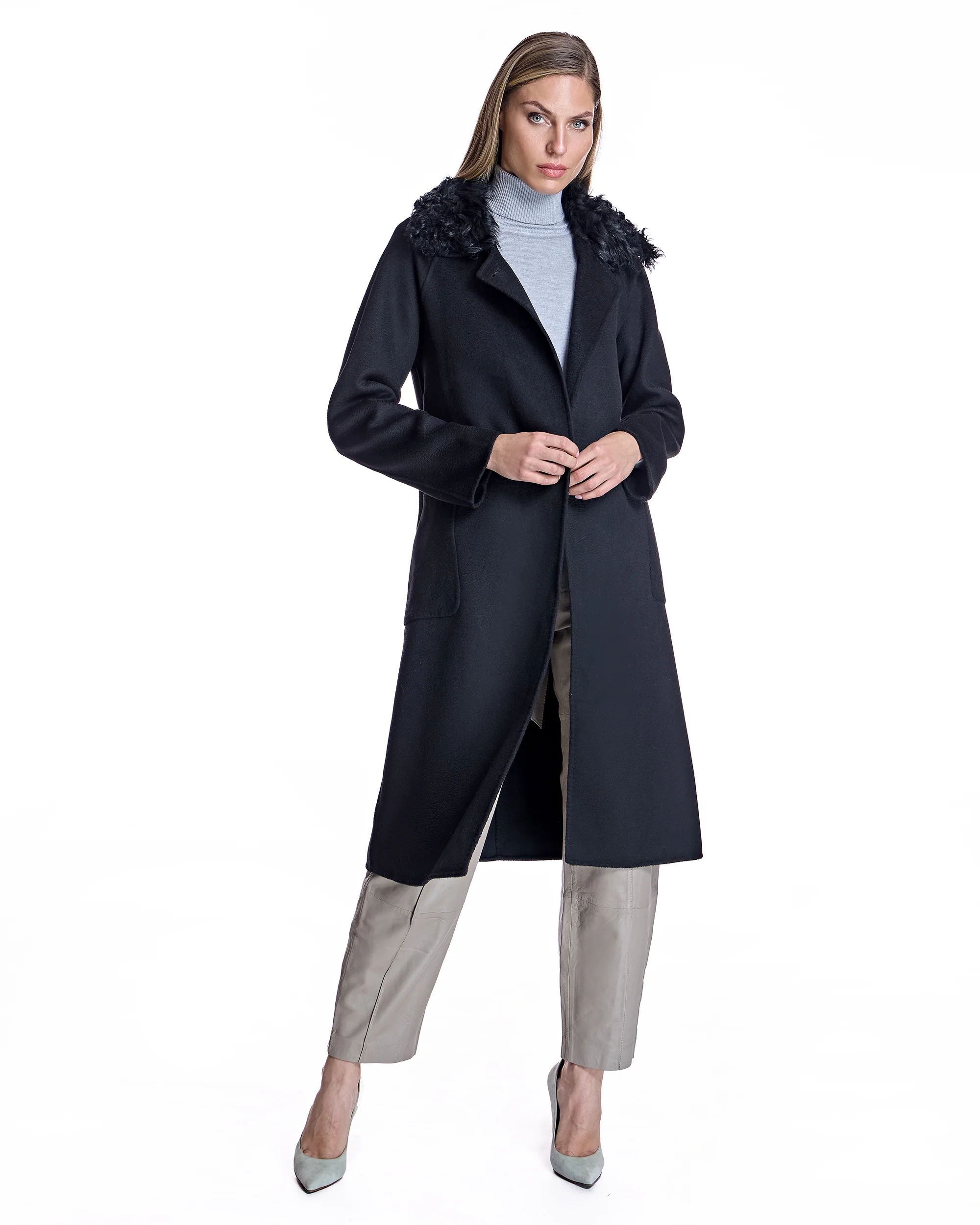 Wool Short Coat with Shearling Collar - Image 7