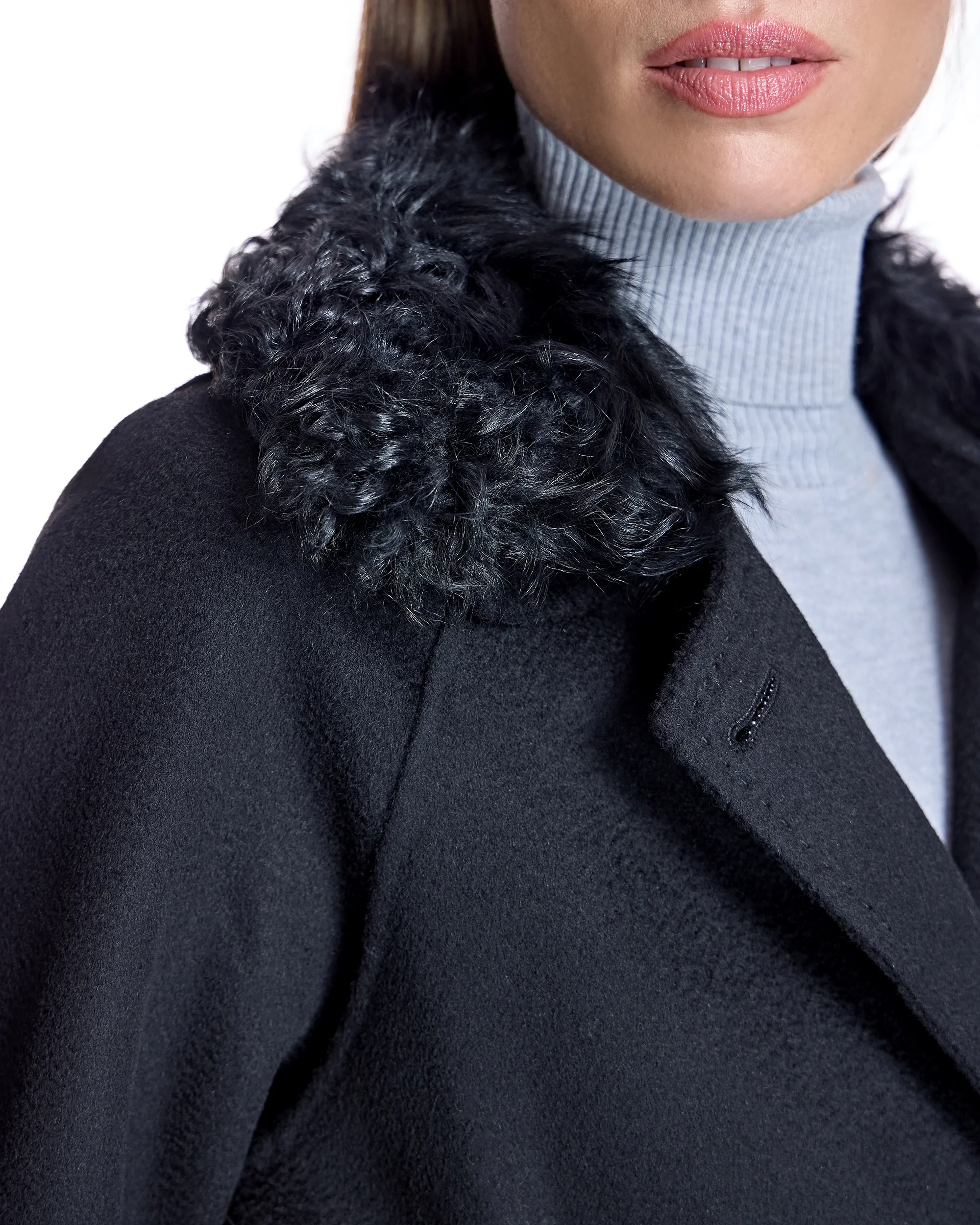 Wool Short Coat with Shearling Collar - Image 9