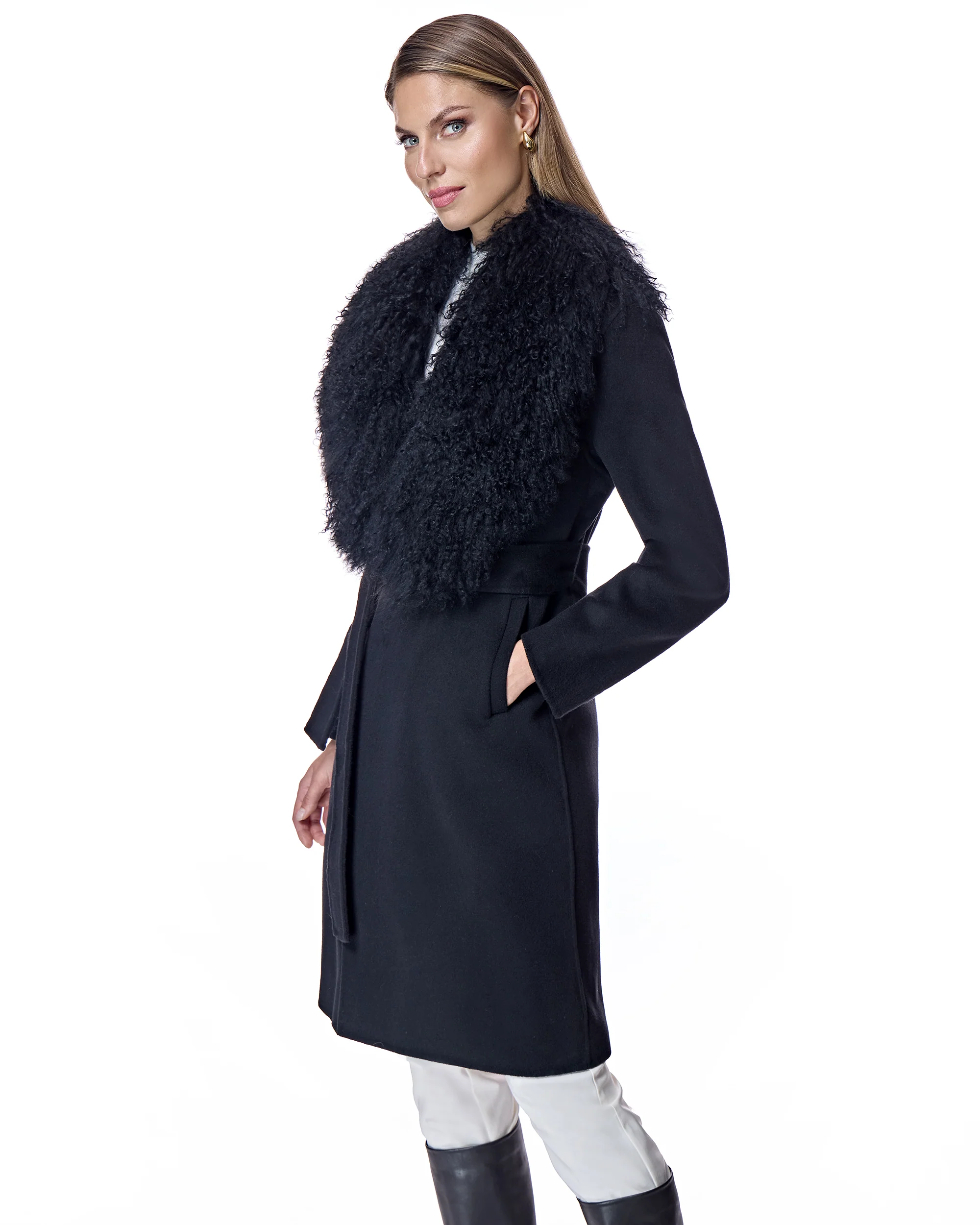 Julia & Stella by Maximilian Wool Wrap Coat With Shearling Collar - Image 6