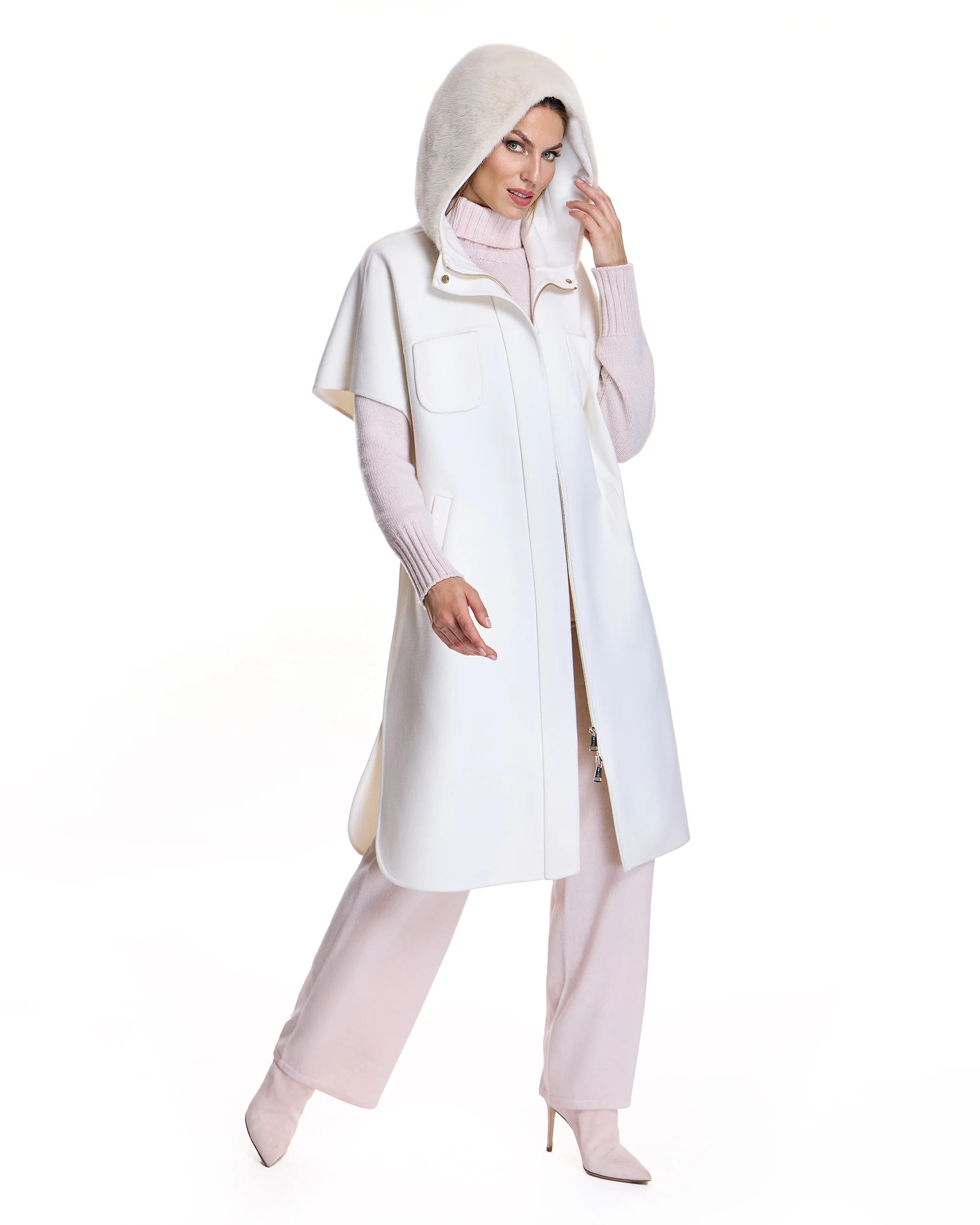 Woolblend Cape with Mink Trim Hood - Image 3